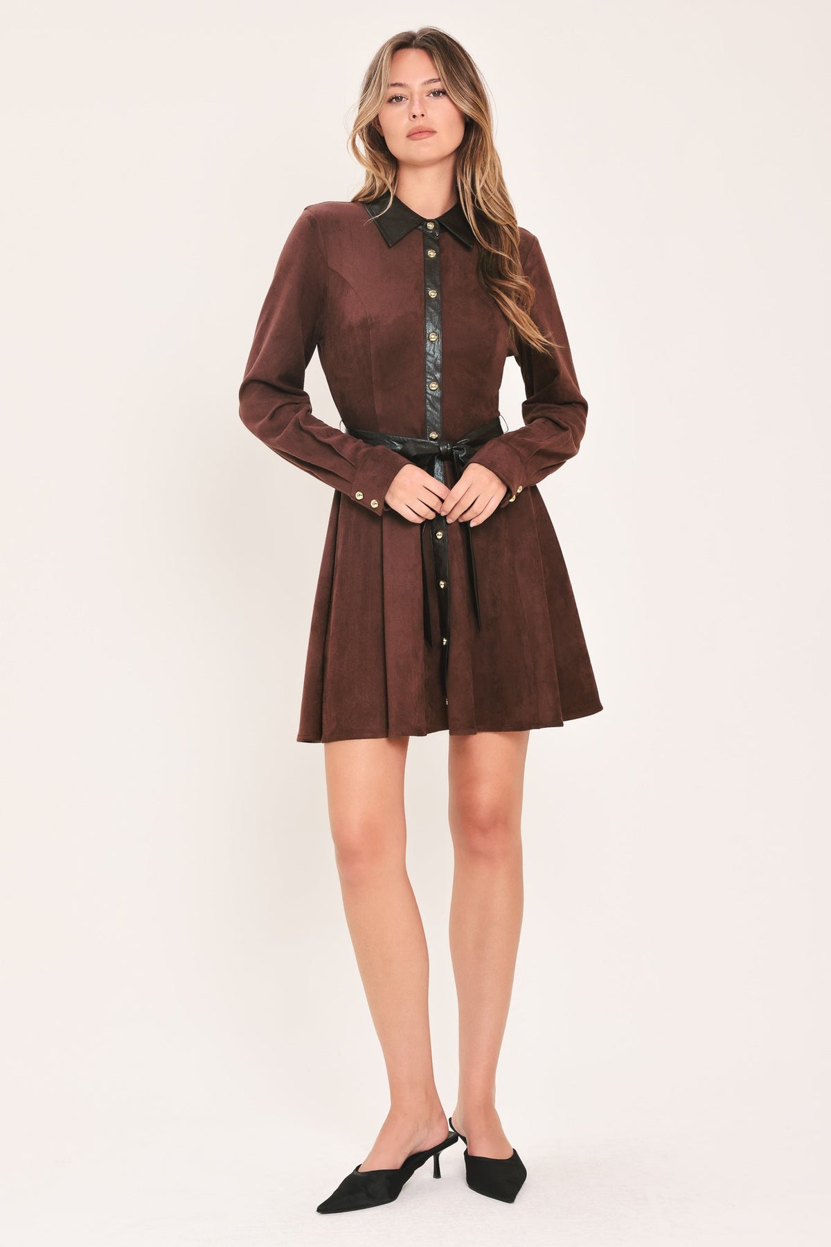 Falling For You burgundy faux suede mini dress, side view