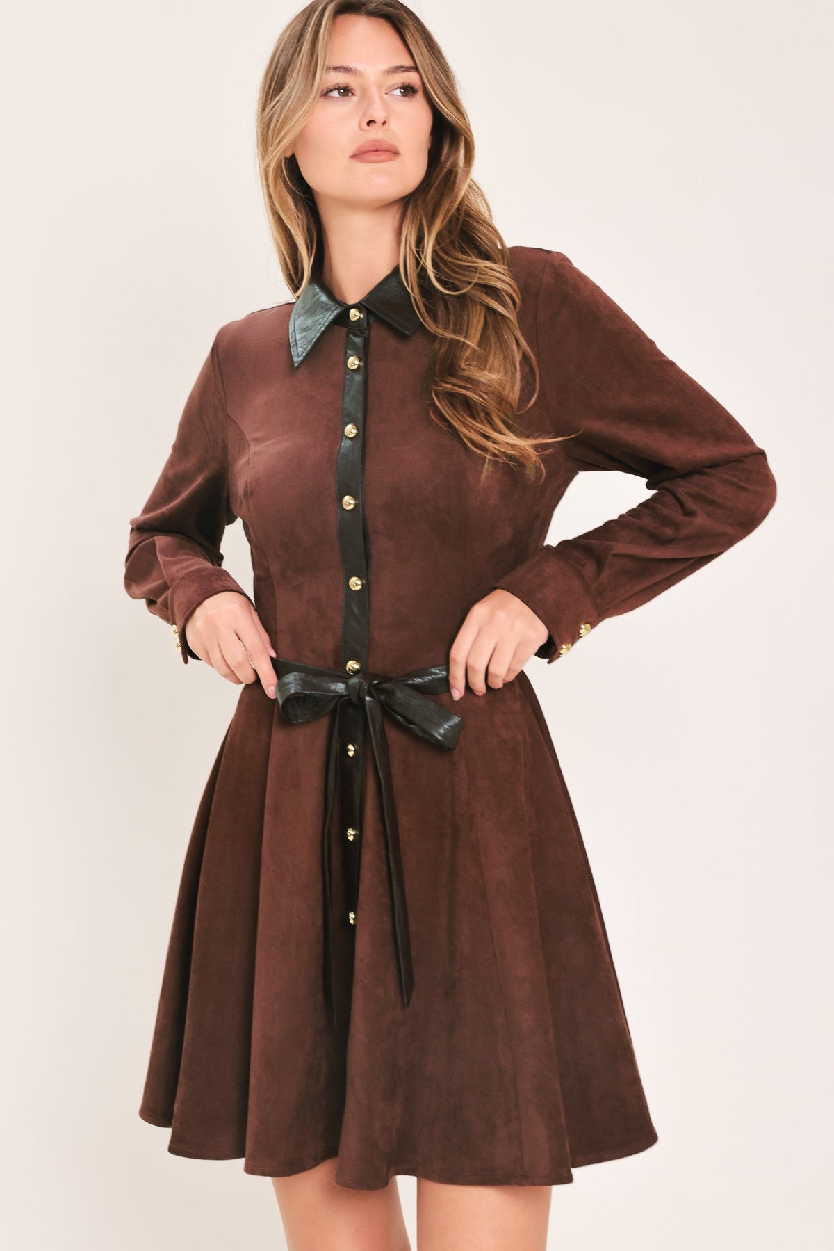 Falling For You burgundy faux suede mini dress, back view
