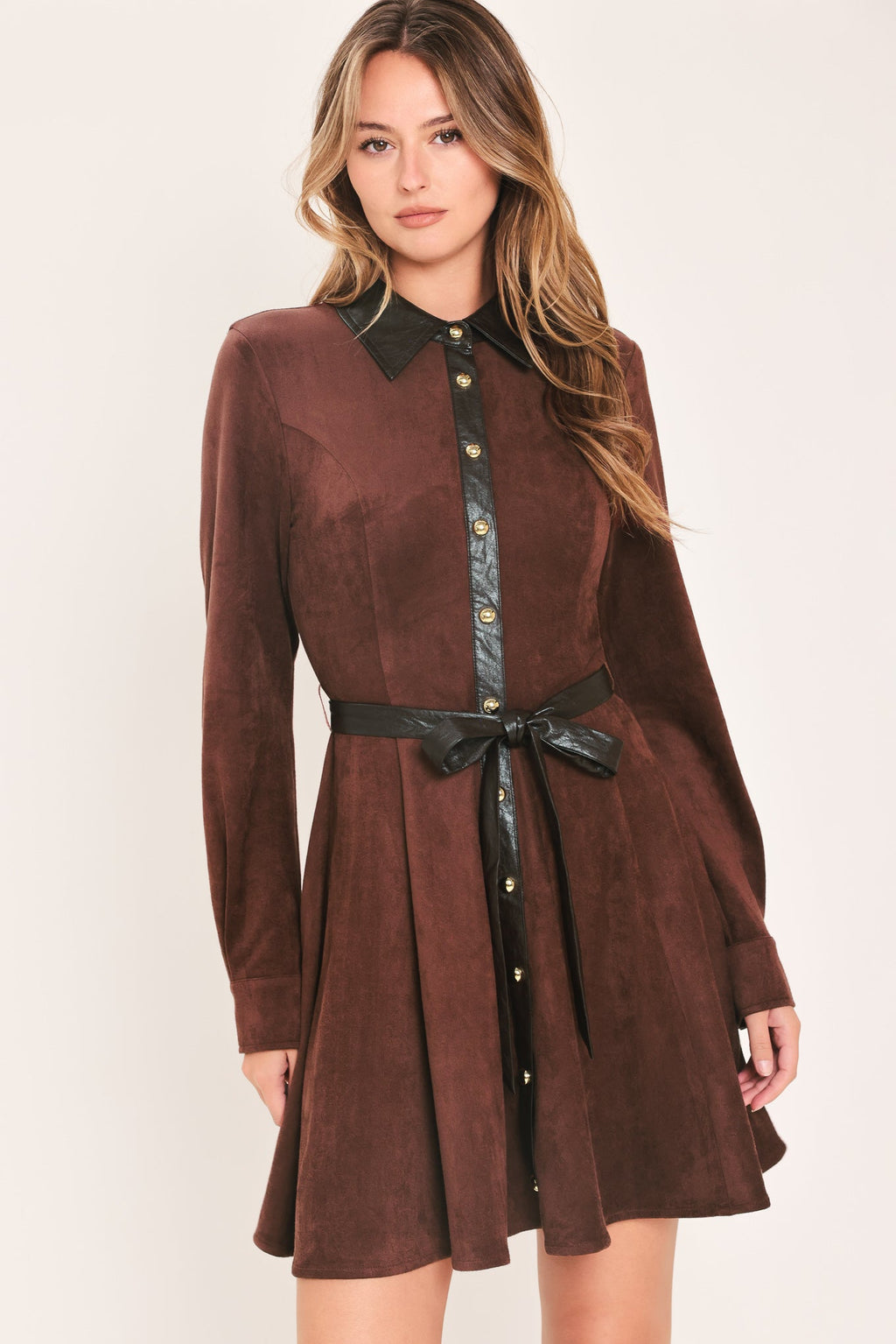 Falling For You burgundy faux suede mini dress with black faux leather collar and sash tie, front view