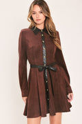 Falling For You burgundy faux suede mini dress with black faux leather collar and sash tie, front view