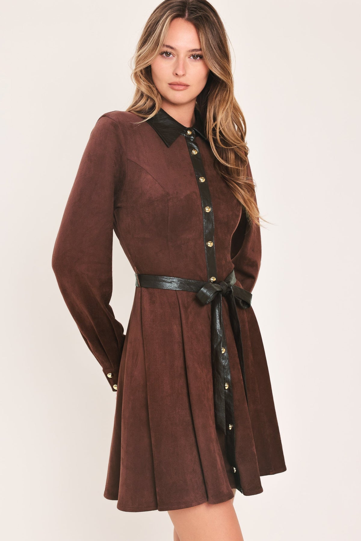 Burgundy faux suede mini dress, faux leather collar and tie detail