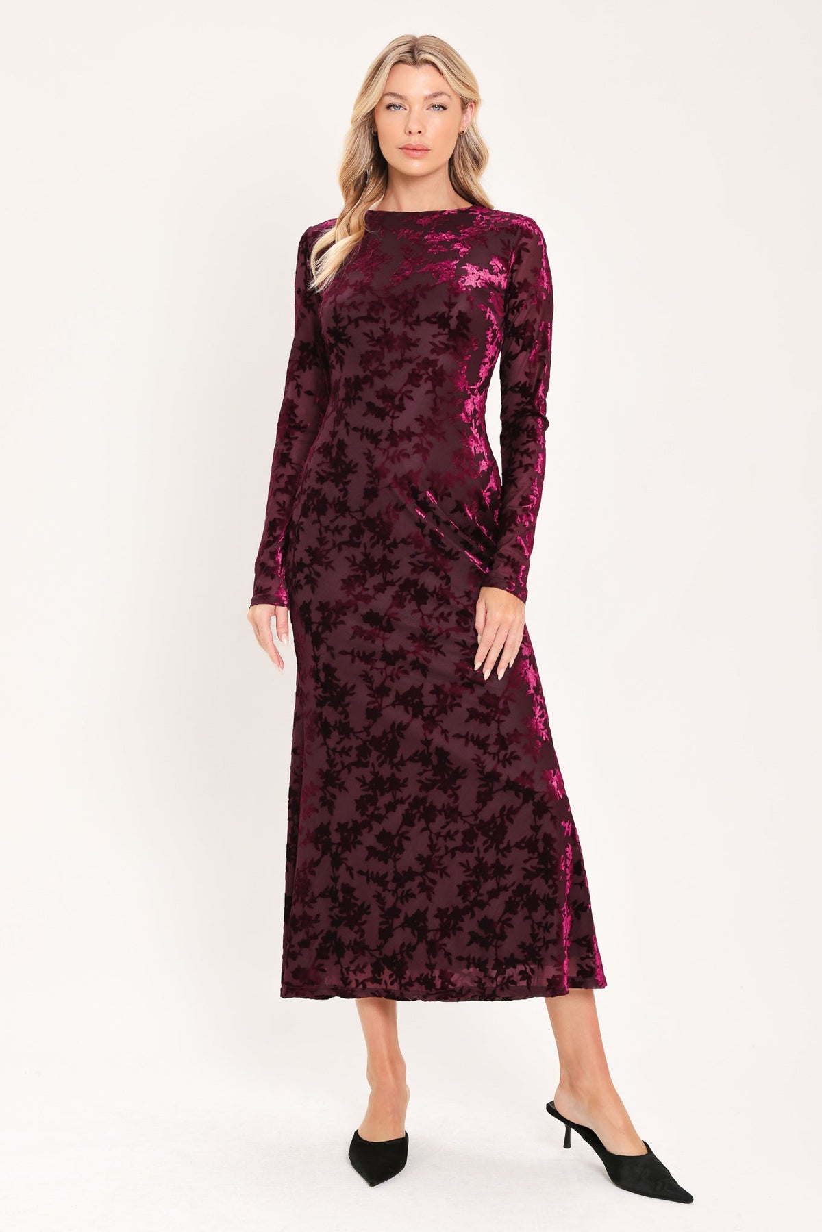 Burgundy Velvet Burnout Midi Dress in burgundy, front view