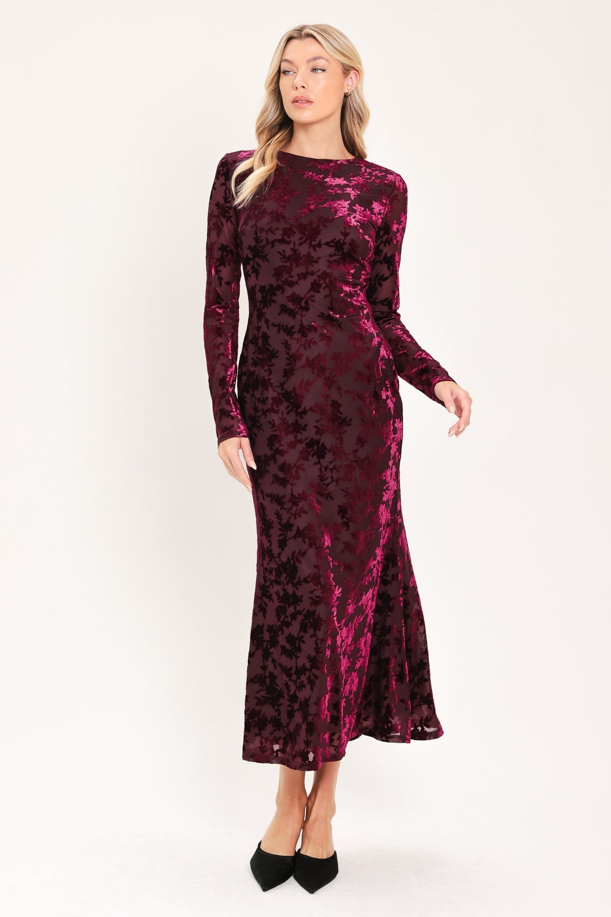 Burgundy Velvet Burnout Midi Dress in burgundy, styled view
