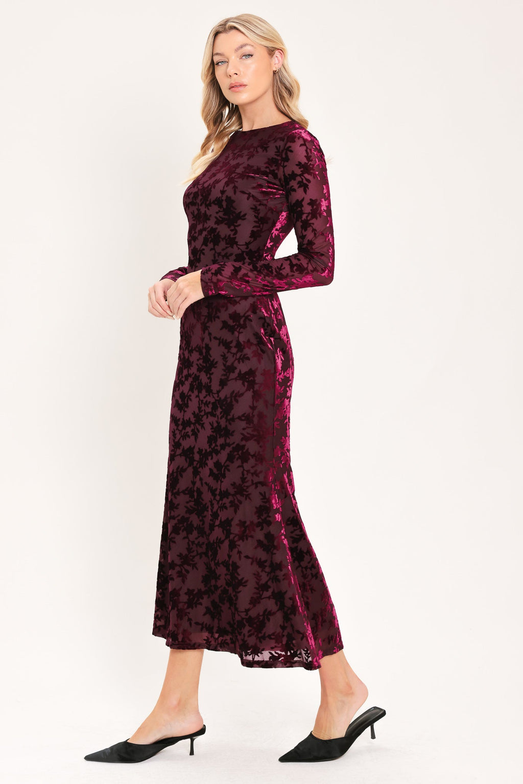 Burgundy Velvet Burnout Midi Dress in burgundy, side view