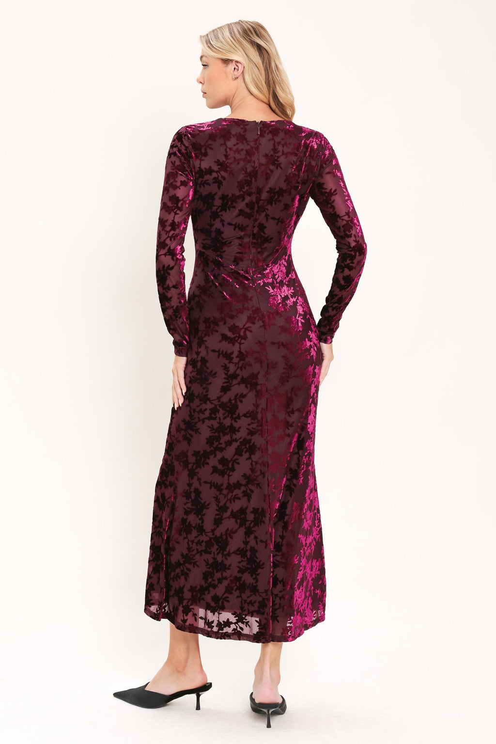 Burgundy Velvet Burnout Midi Dress in burgundy, close-up detail