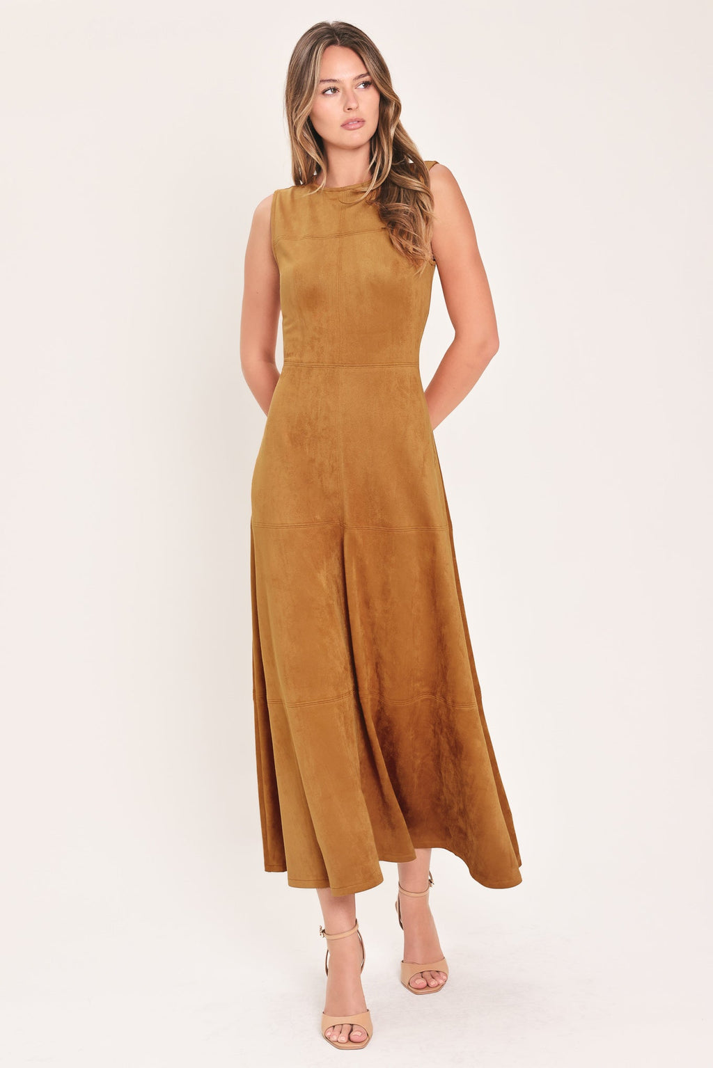 Harvest Moon Camel Faux Suede Midi Dress side view