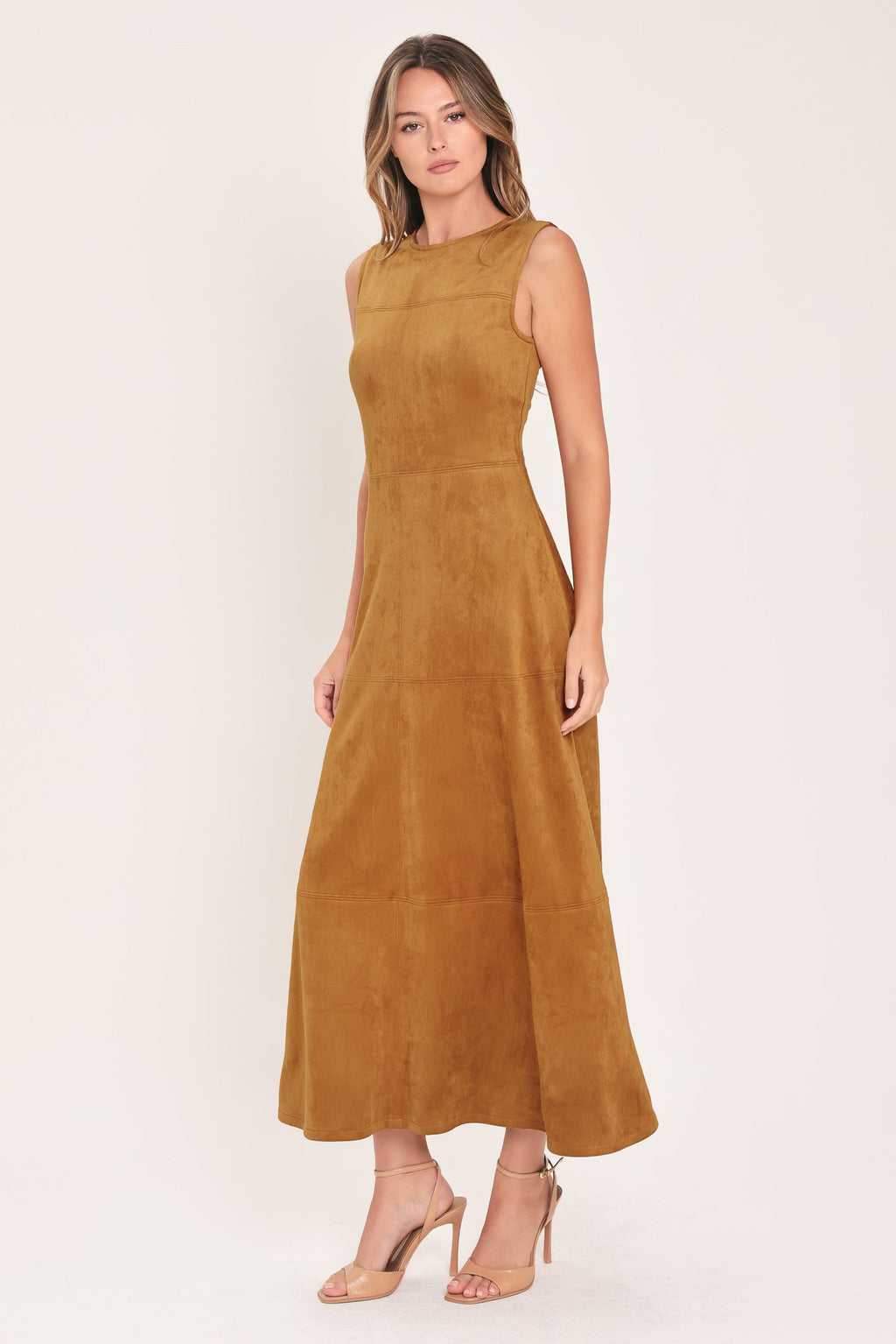Harvest Moon Camel Faux Suede Midi Dress detail