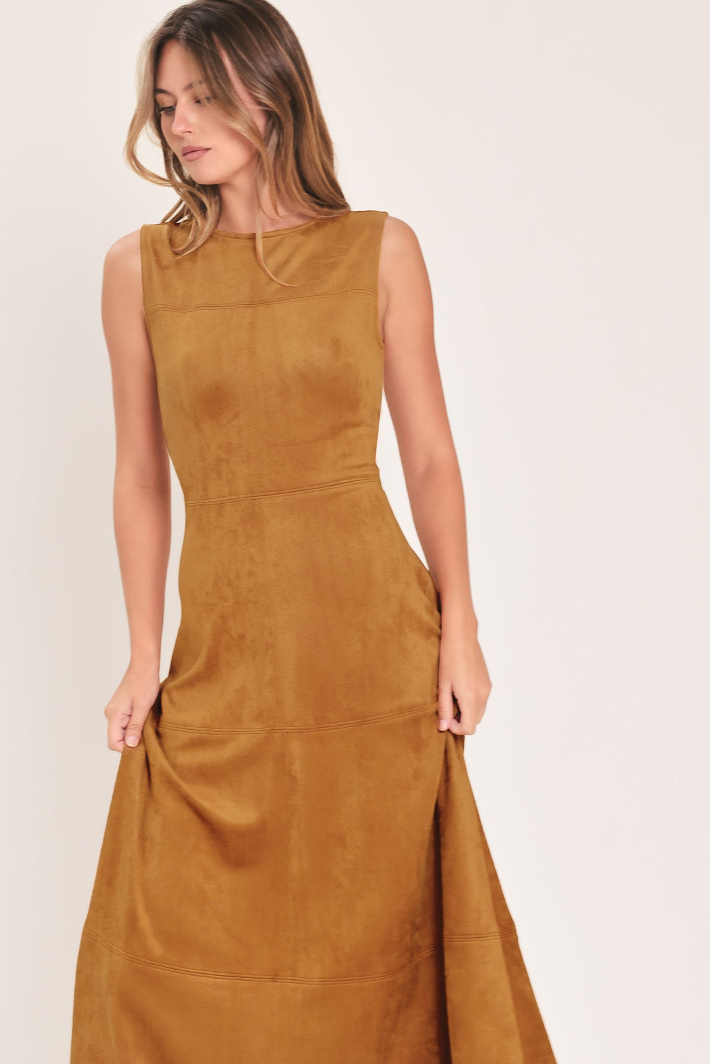 Harvest Moon Camel Faux Suede Midi Dress close-up