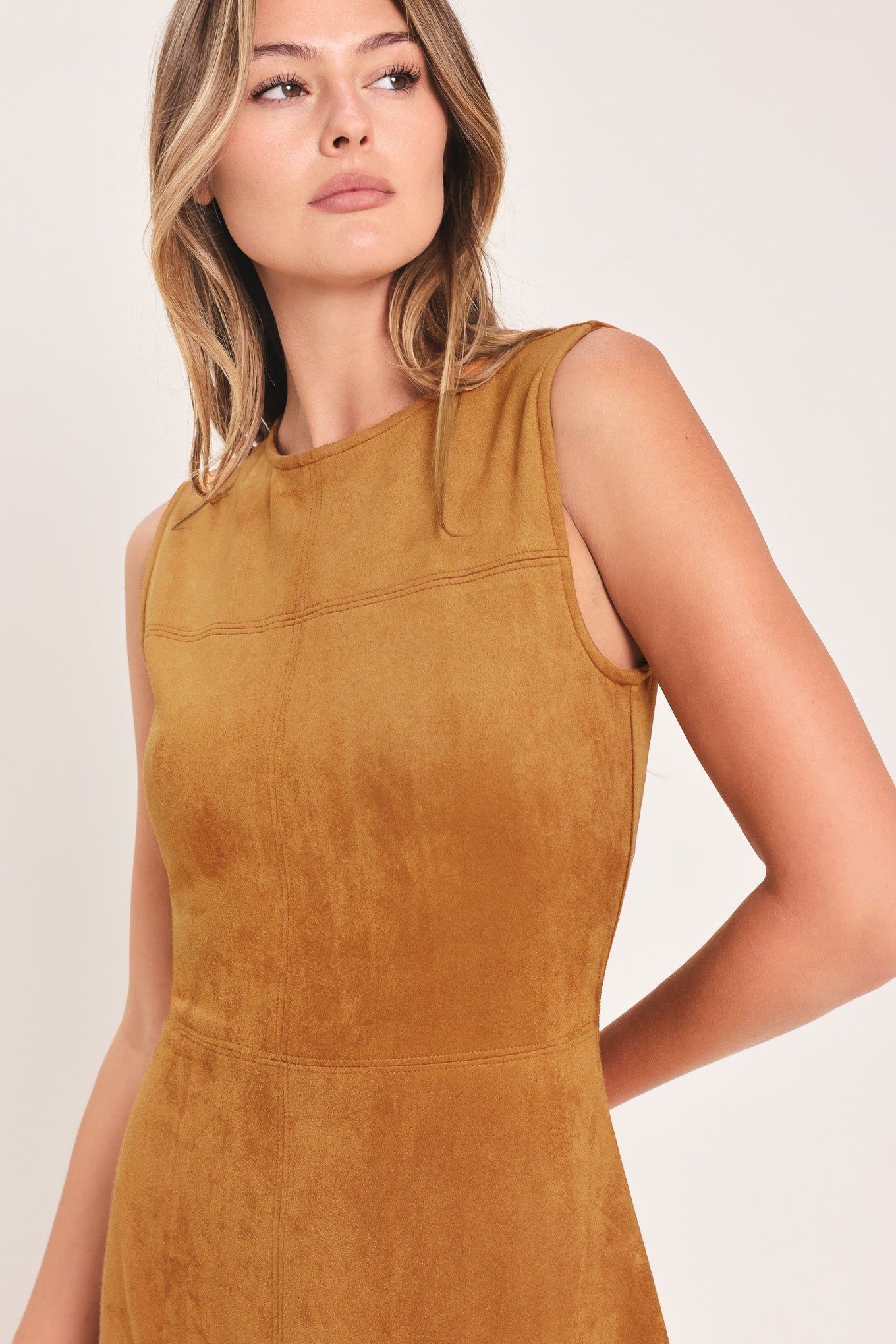 Harvest Moon Camel Faux Suede Midi Dress worn