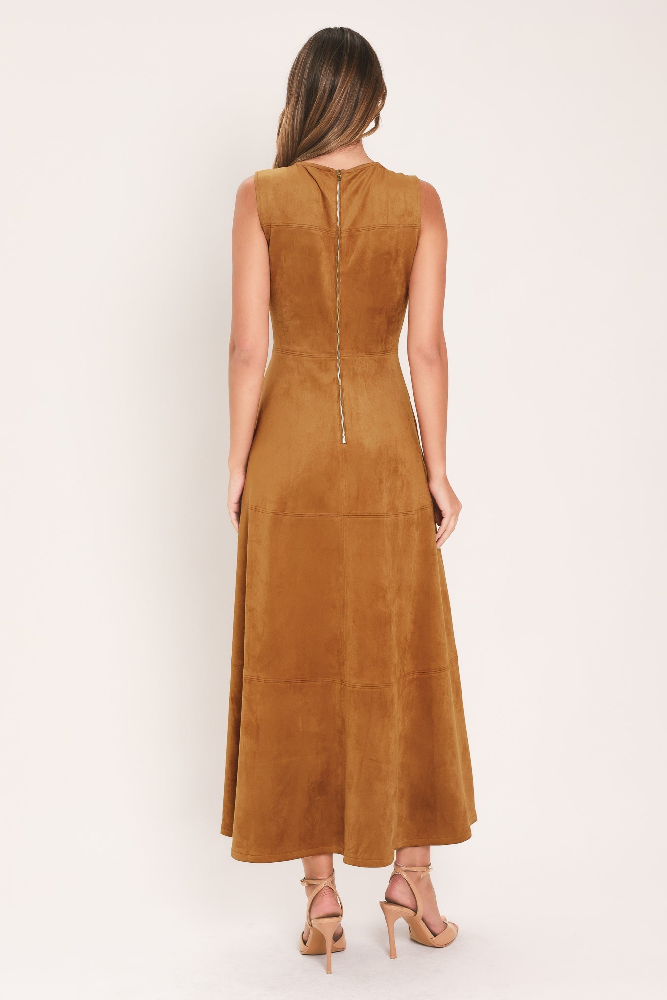 Harvest Moon Camel Faux Suede Midi Dress back view