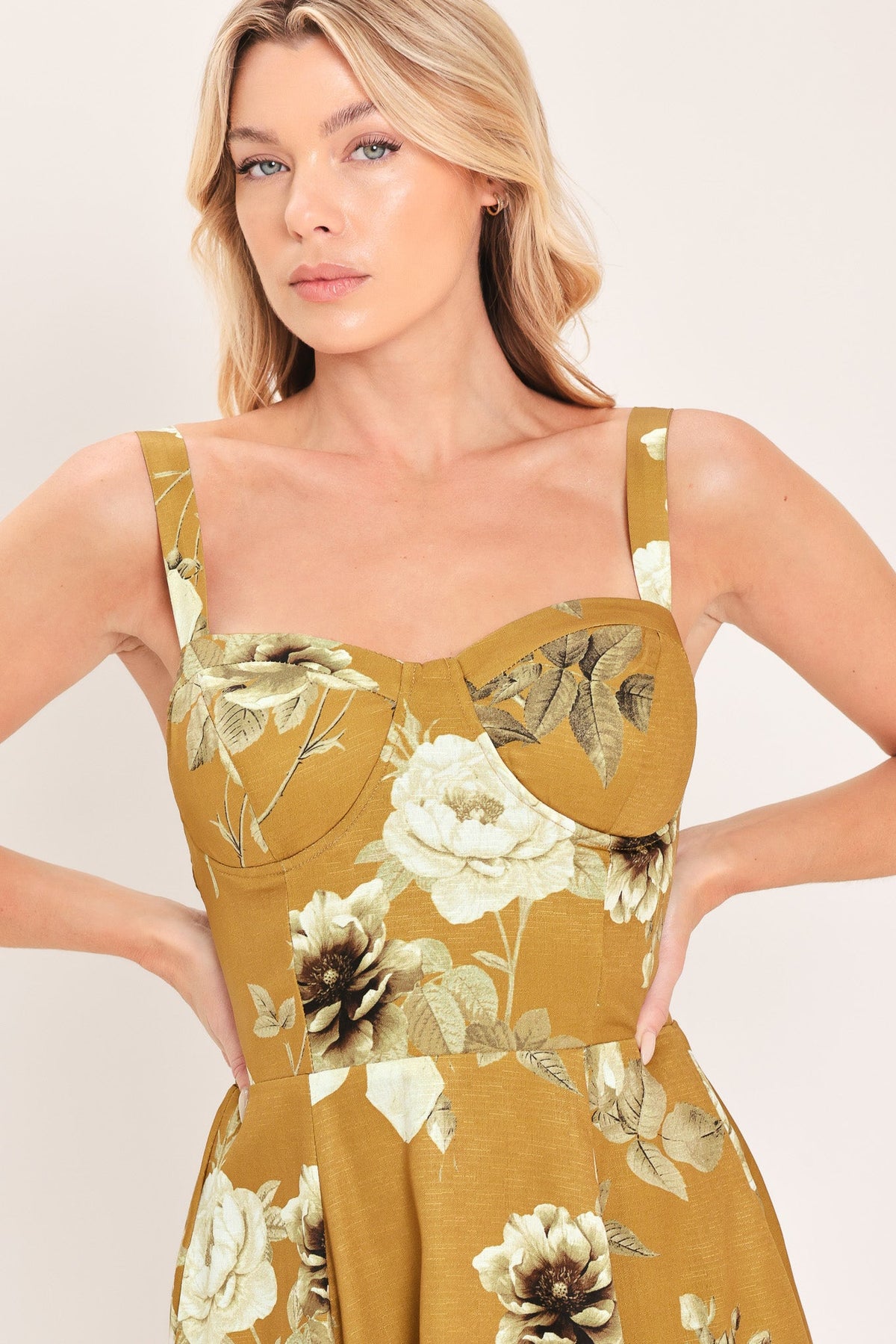 Mustard Rosette Melody Woven Midi Dress - detail view