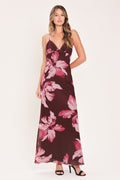 Midnight Merlot Lace Trim Mesh Maxi Dress - front view