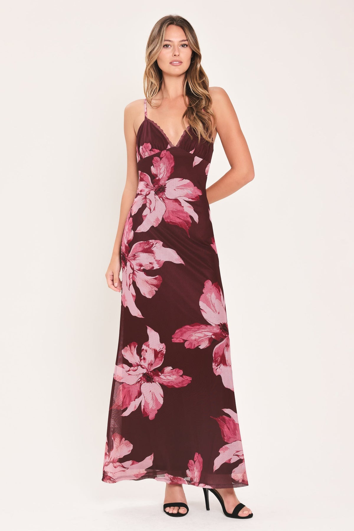 Midnight Merlot Lace Trim Mesh Maxi Dress - front view