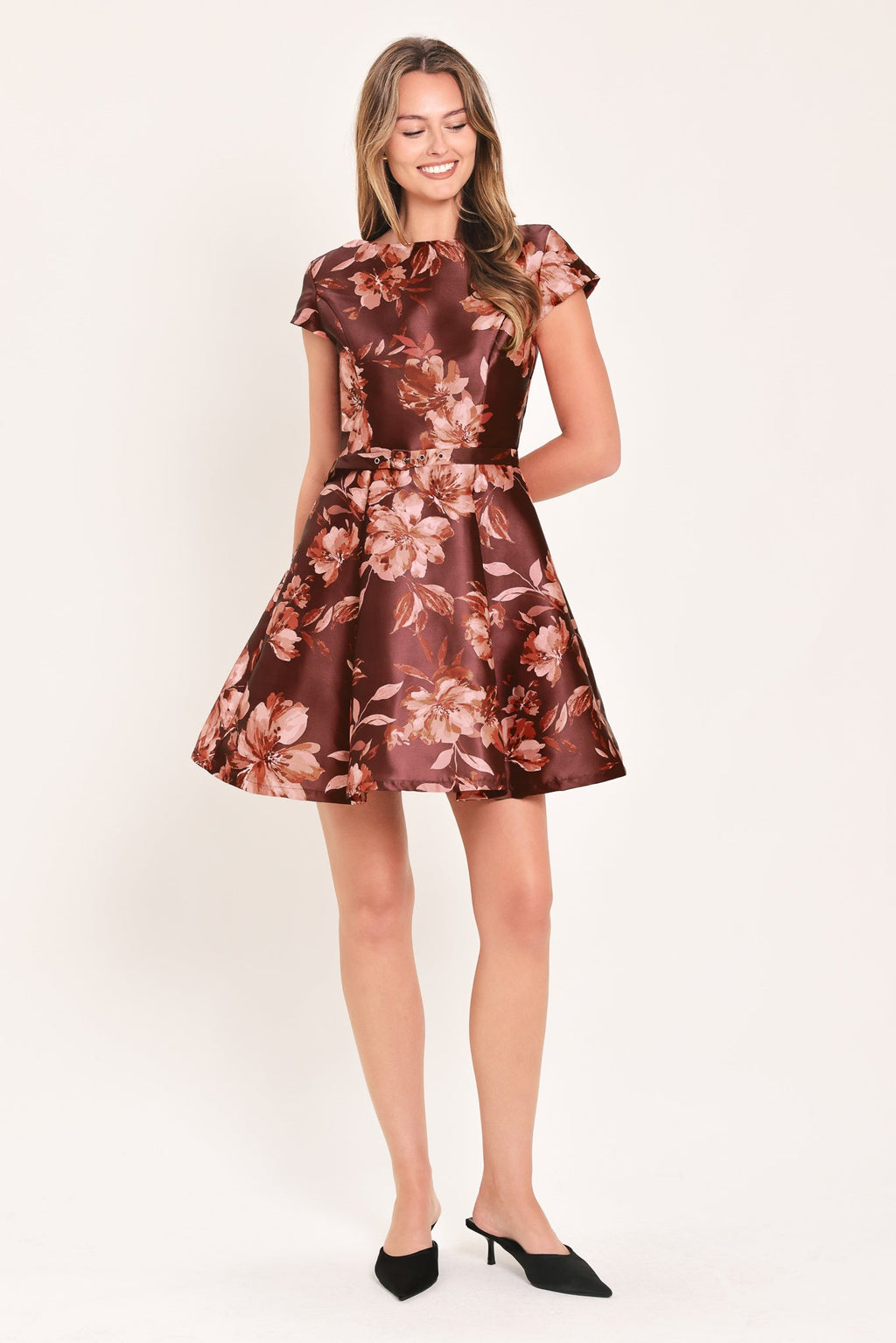 Mahogany Floral Kiss Woven Mini Dress - detail view