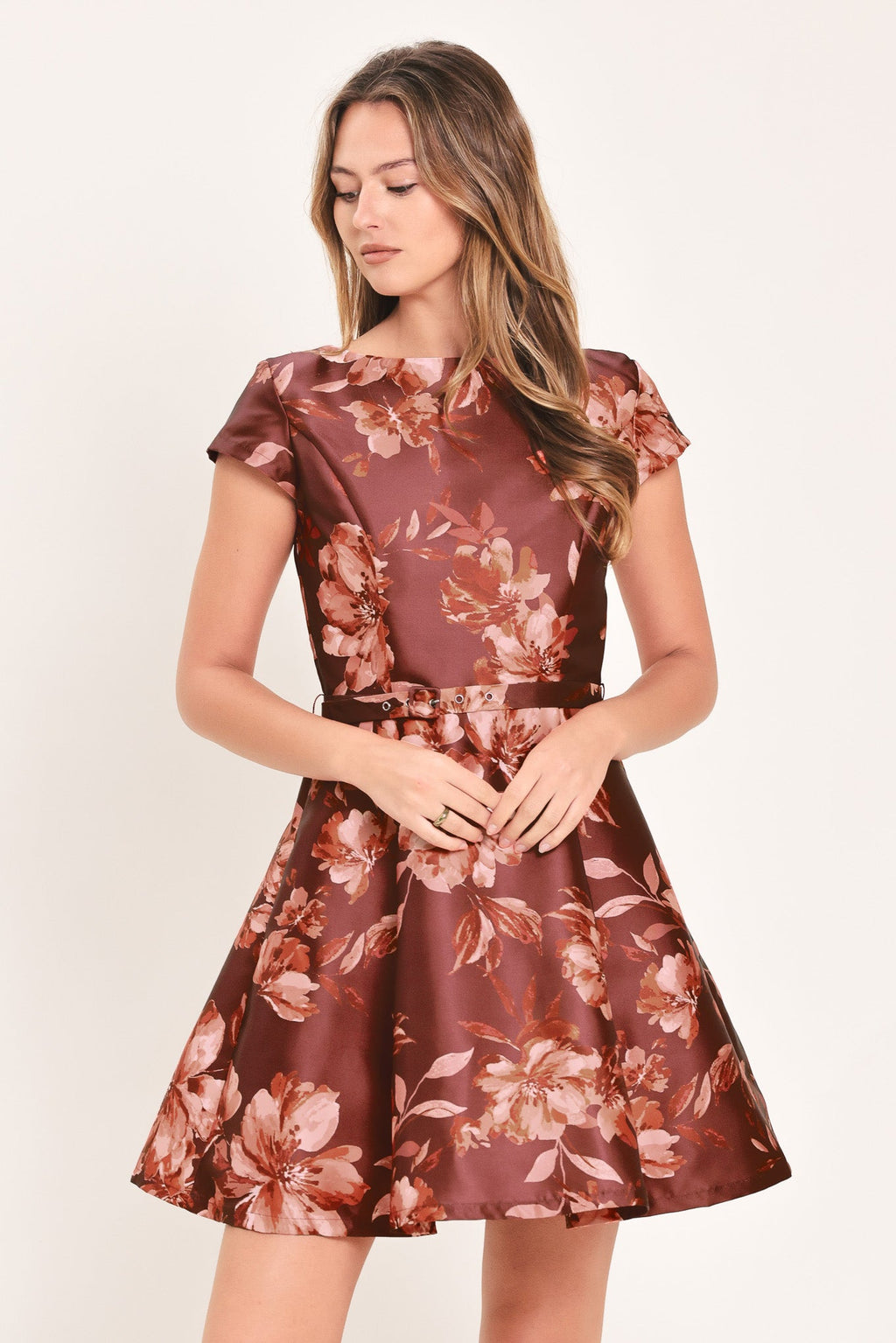 Mahogany Floral Kiss Woven Mini Dress - front view