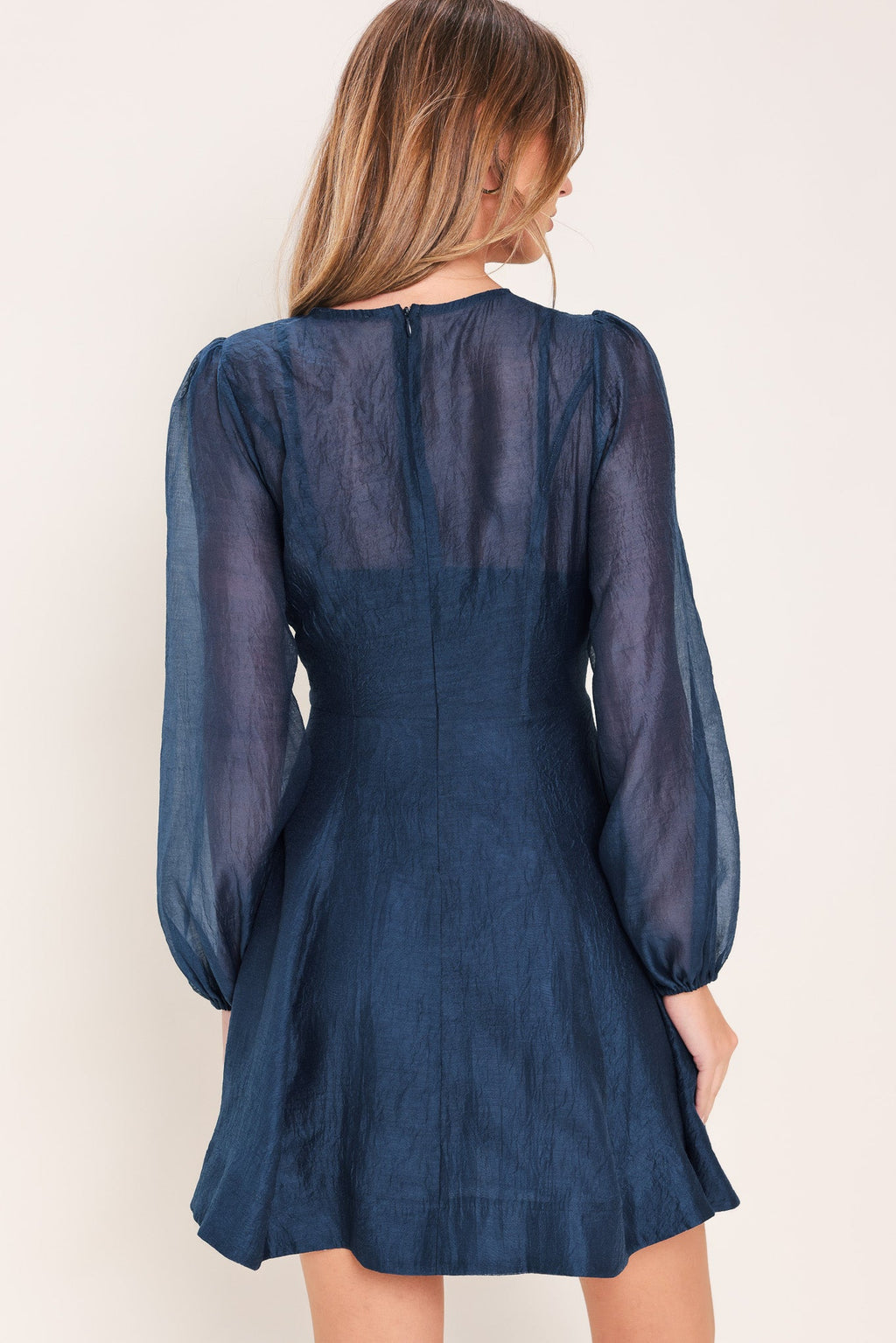 Sheer Sleeve Circle Skirt Mini Dress in navy, close-up detail
