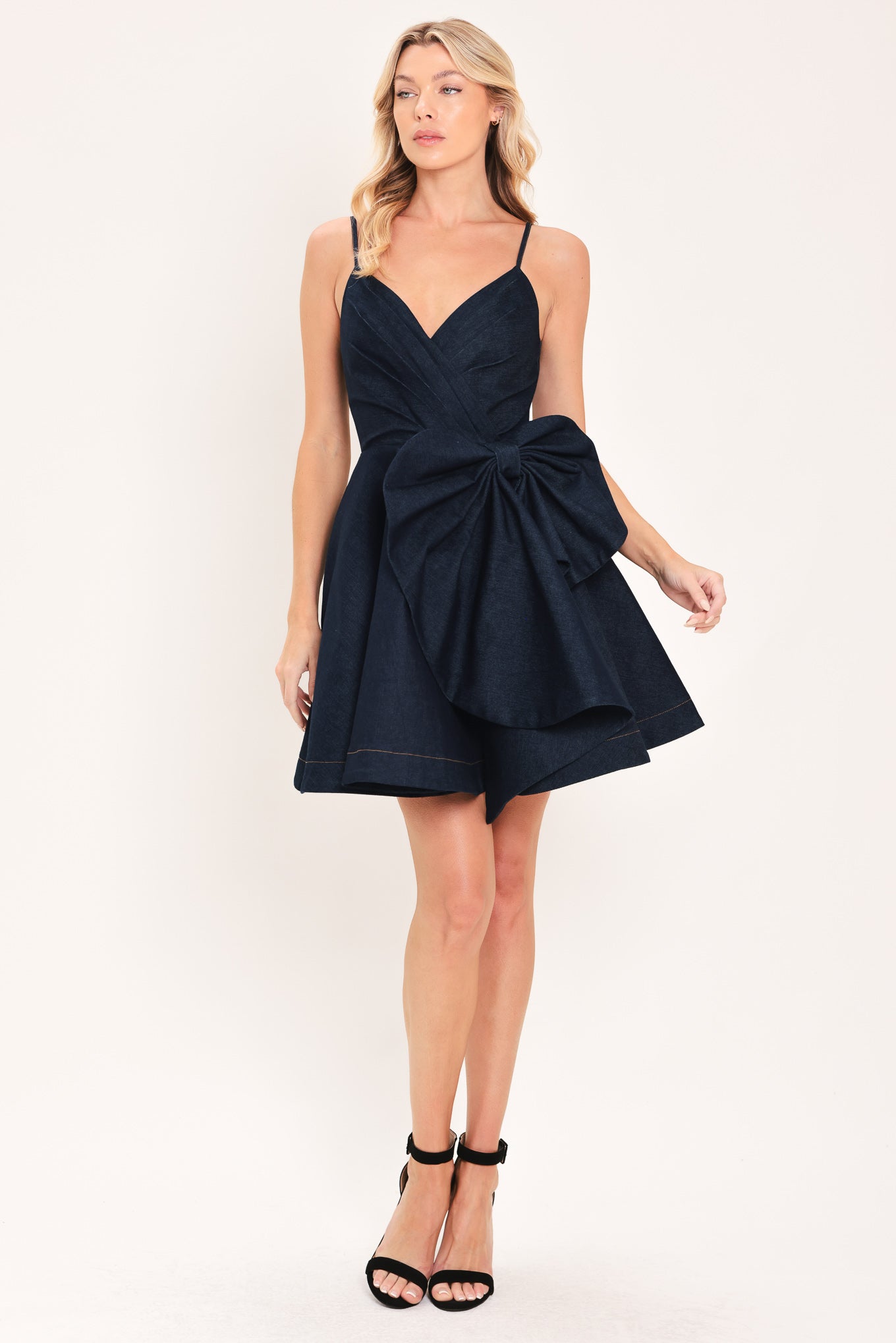 Deep Blue Celebration Denim Mini Dress in dark indigo, front view