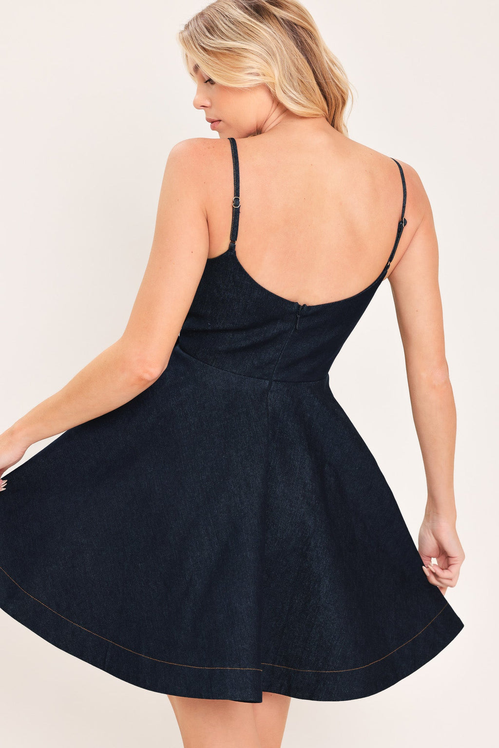 Deep Blue Celebration Denim Mini Dress in dark indigo, back view