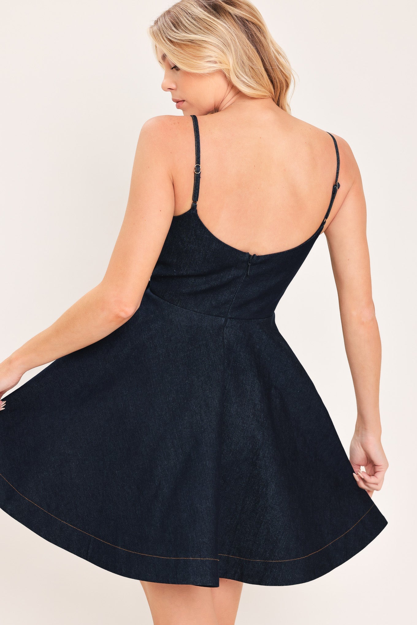 Deep Blue Celebration Denim Mini Dress in dark indigo, back view