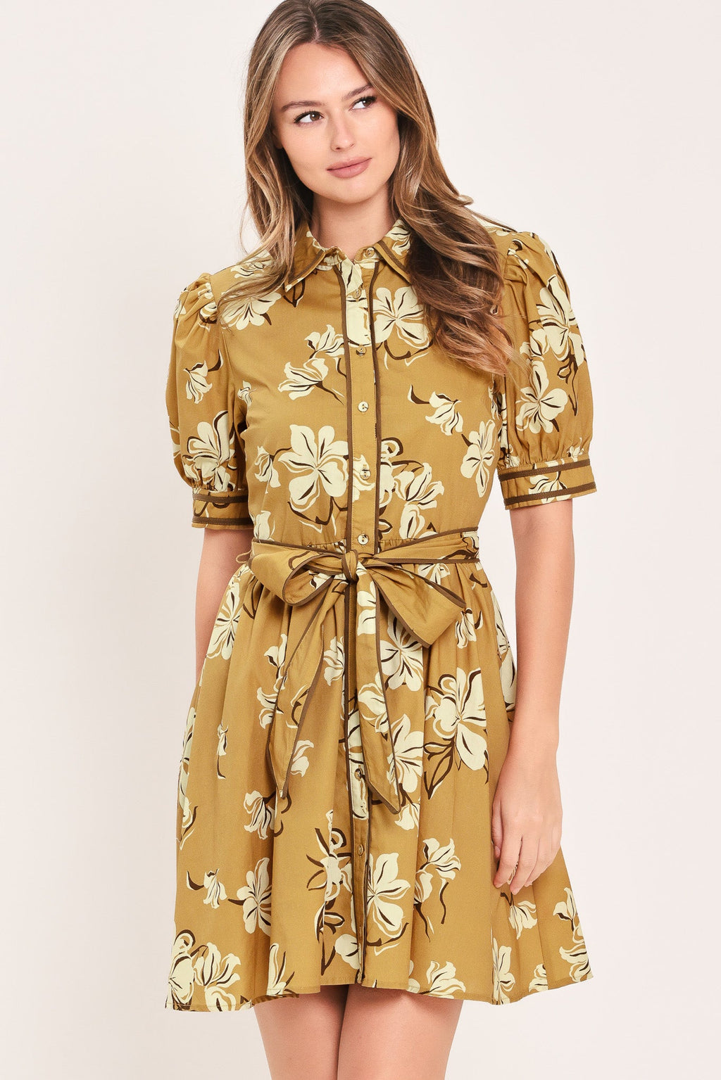 Floral Puff Sleeve Shirt Dress in camel, front view