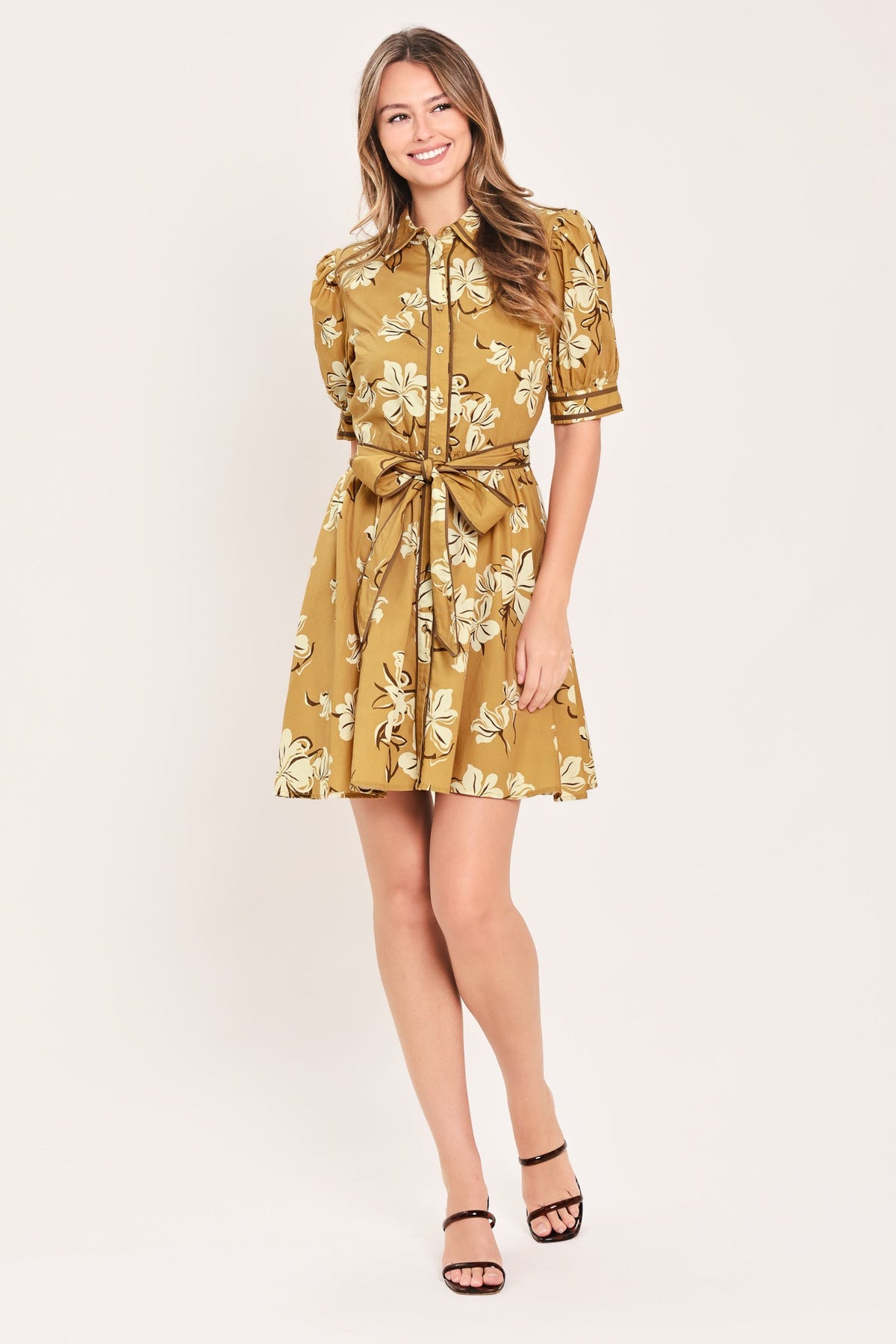 Floral Puff Sleeve Shirt Dress in camel, detail