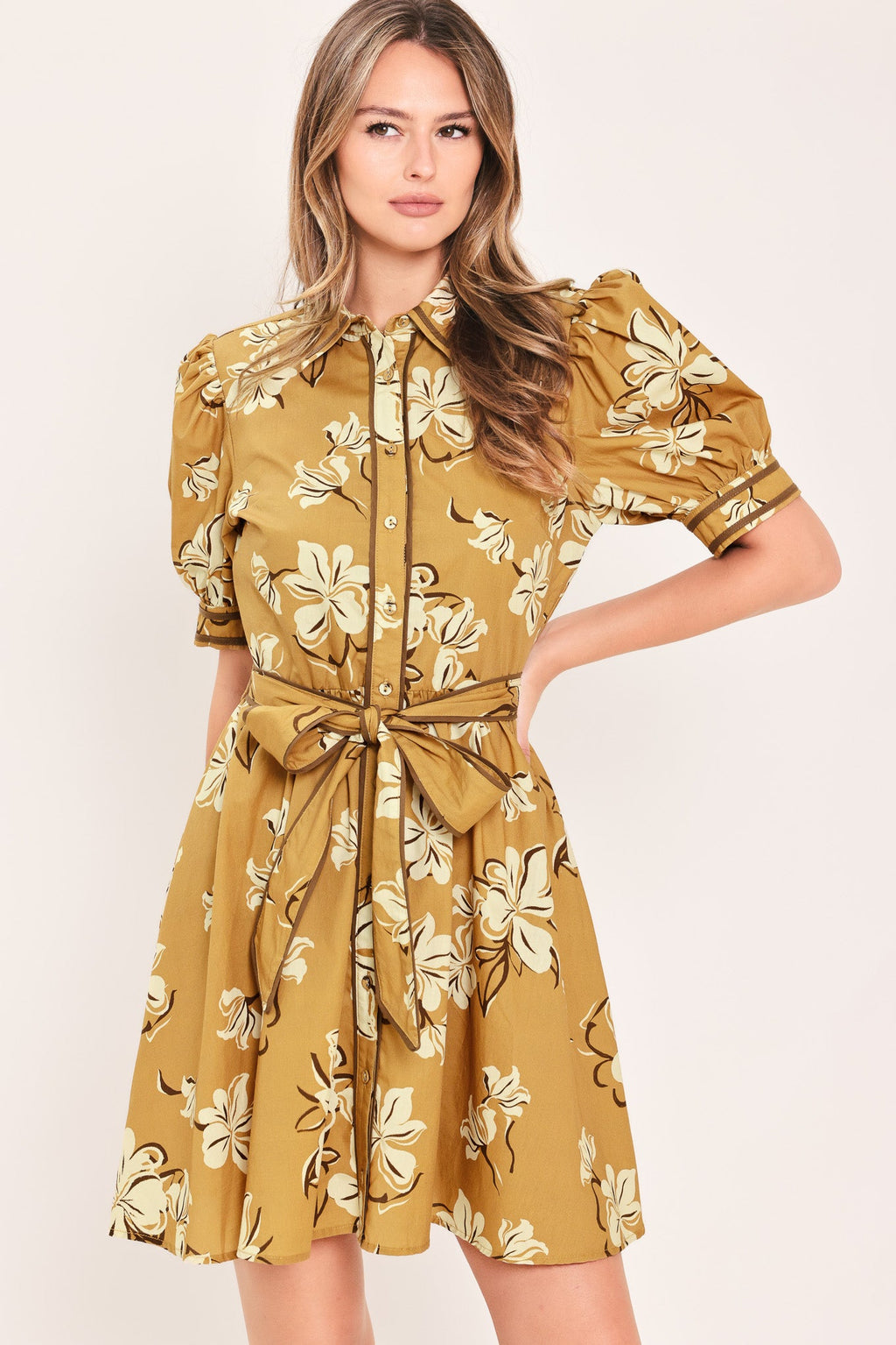 Floral Puff Sleeve Shirt Dress in camel, back view