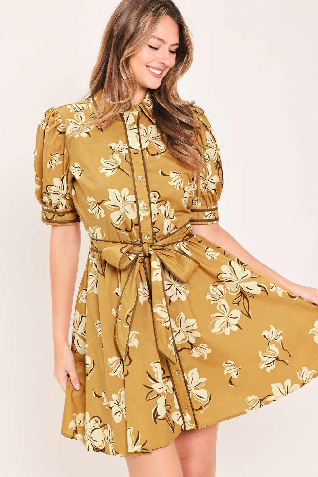 Floral Puff Sleeve Shirt Dress in camel, side view