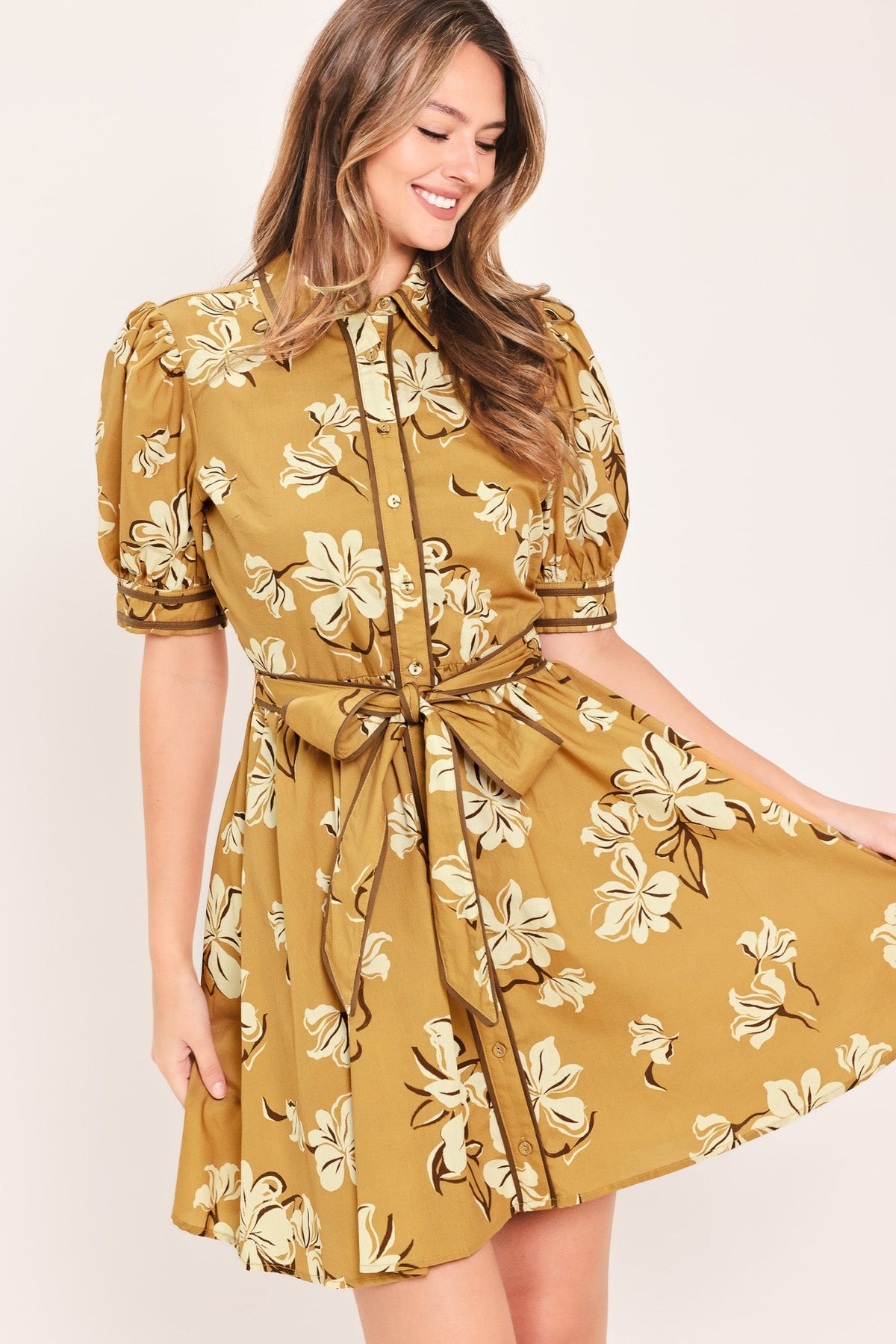 Floral Puff Sleeve Shirt Dress in camel, side view