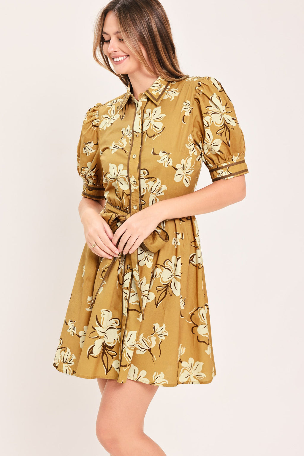 Floral Puff Sleeve Shirt Dress in camel, worn