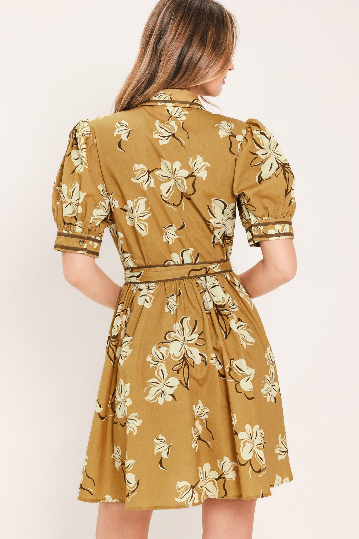 Floral Puff Sleeve Shirt Dress in camel, alternate view