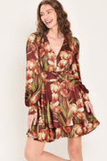 Burgundy Crush floral tiered mini dress with V-neck and ruched waist, front view