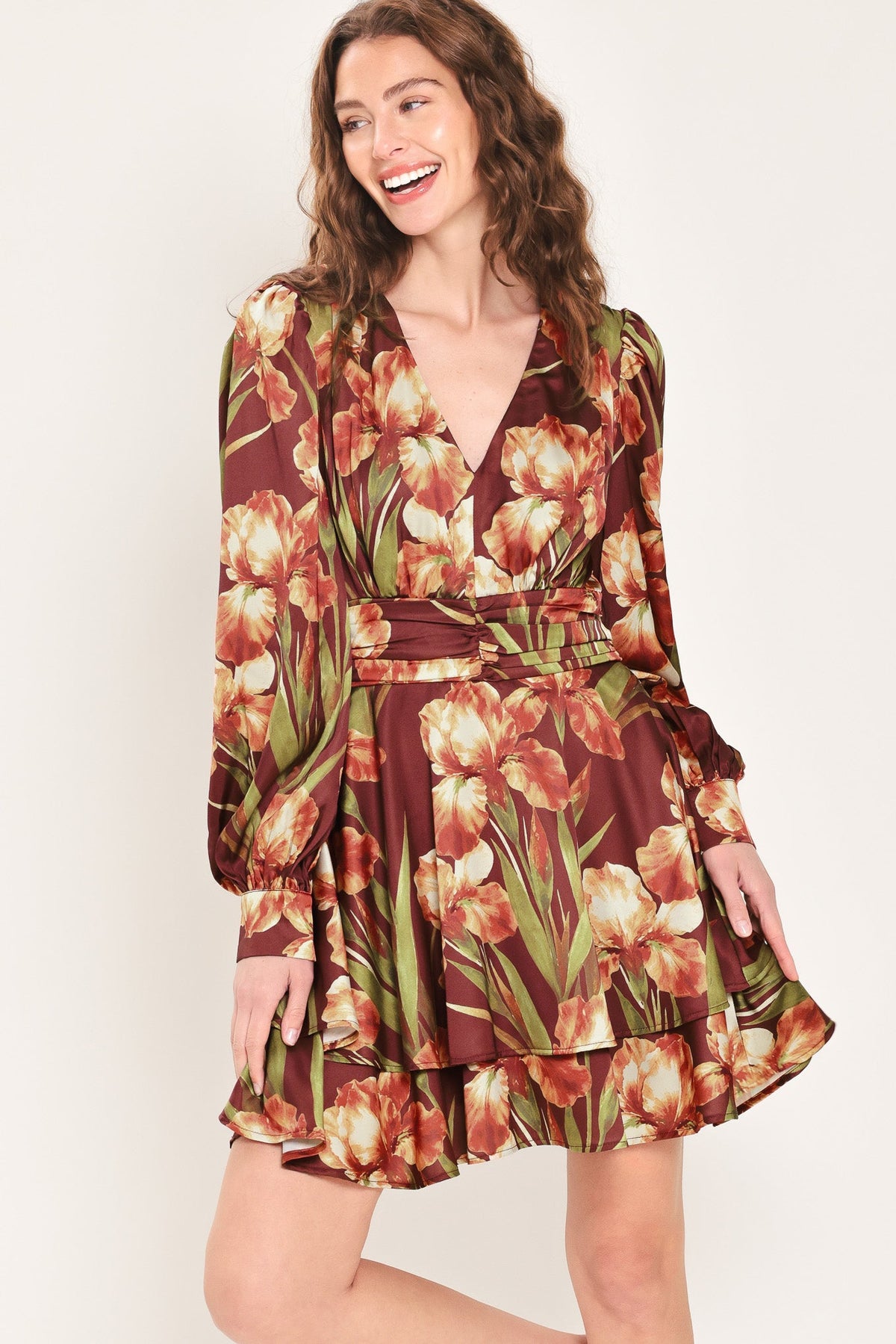 Burgundy Crush floral tiered mini dress with V-neck and ruched waist, front view