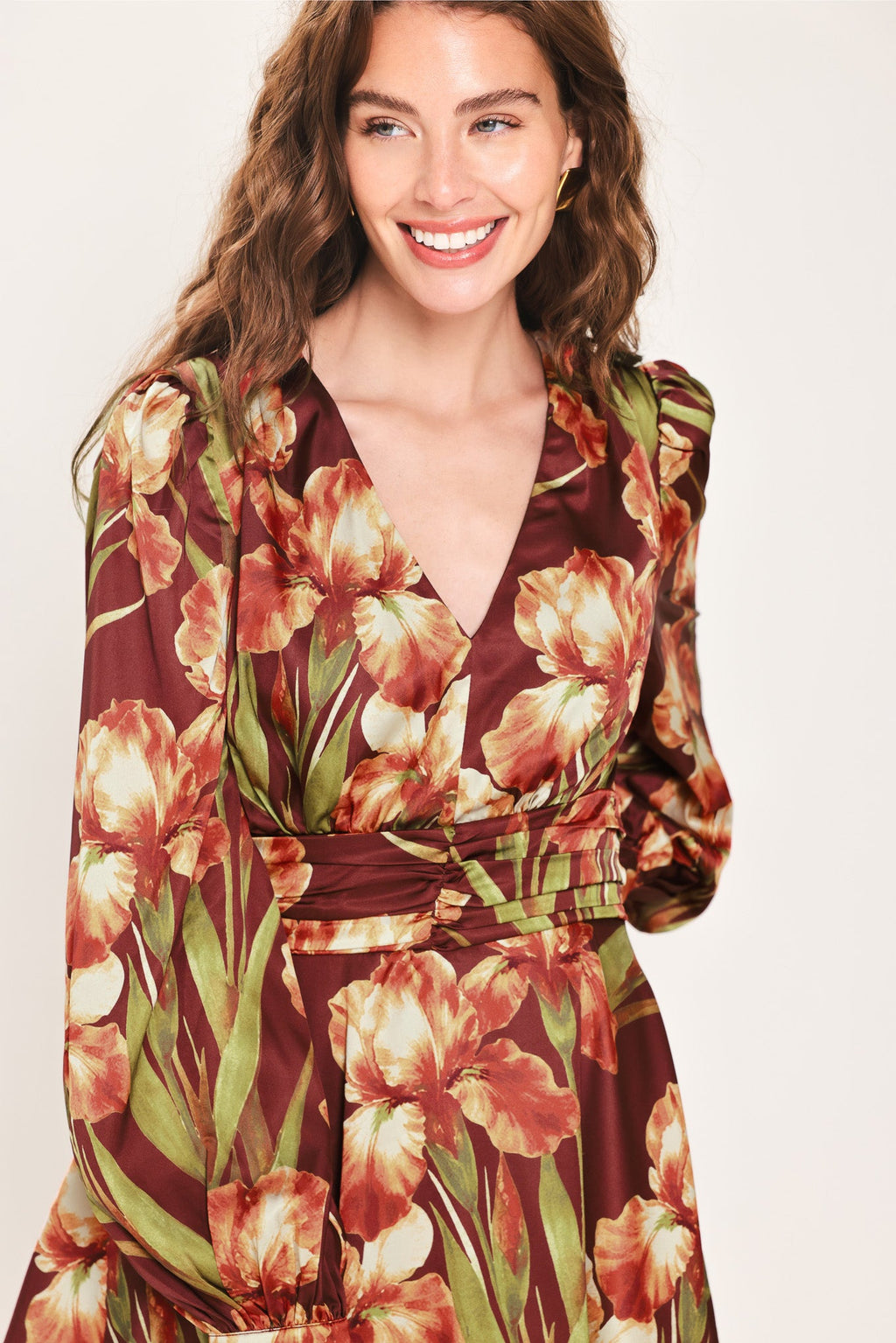 Burgundy floral print tiered mini dress with long sleeves, alternate view