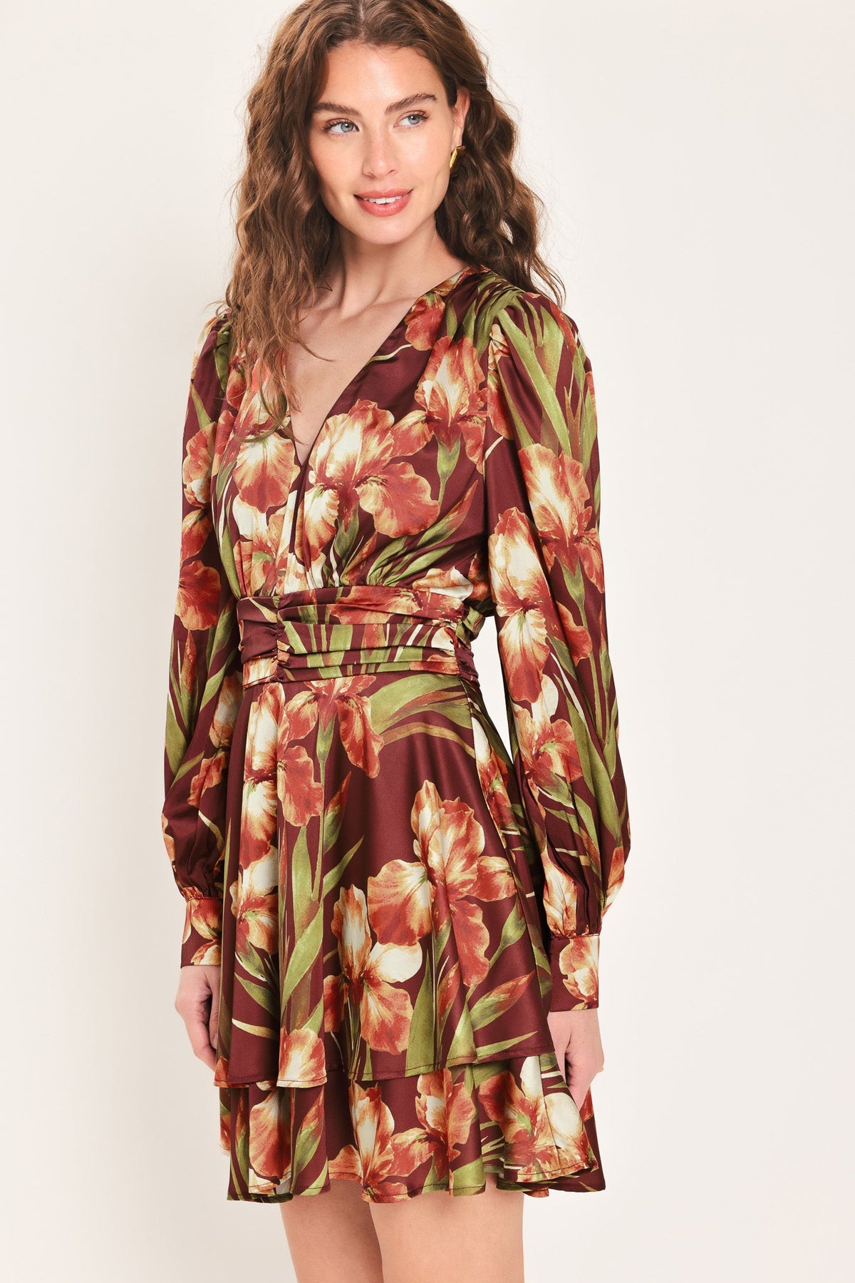 Burgundy floral mini dress, ruched waist and print detail