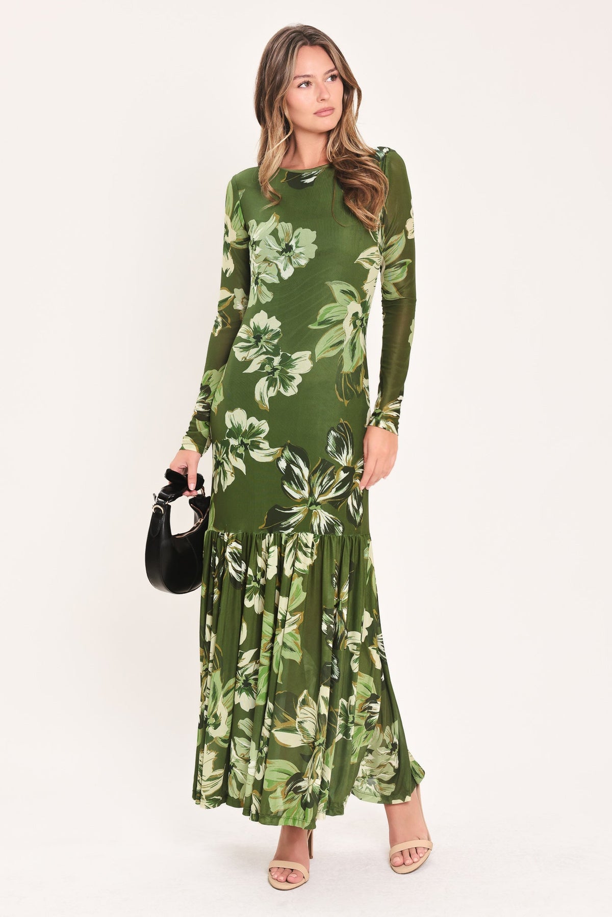 Enchanted Grove Moss Green Printed Mesh Ankle Dress - front view