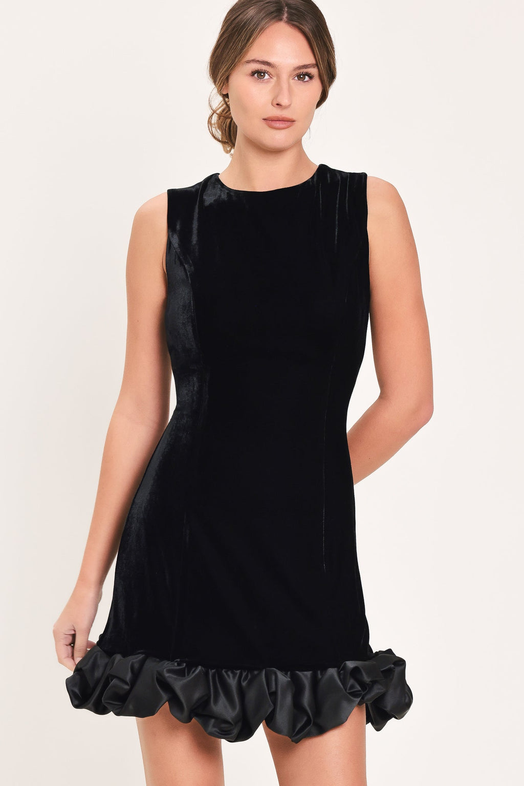 Contrast Bubble Hem Mini Dress in black, detail view