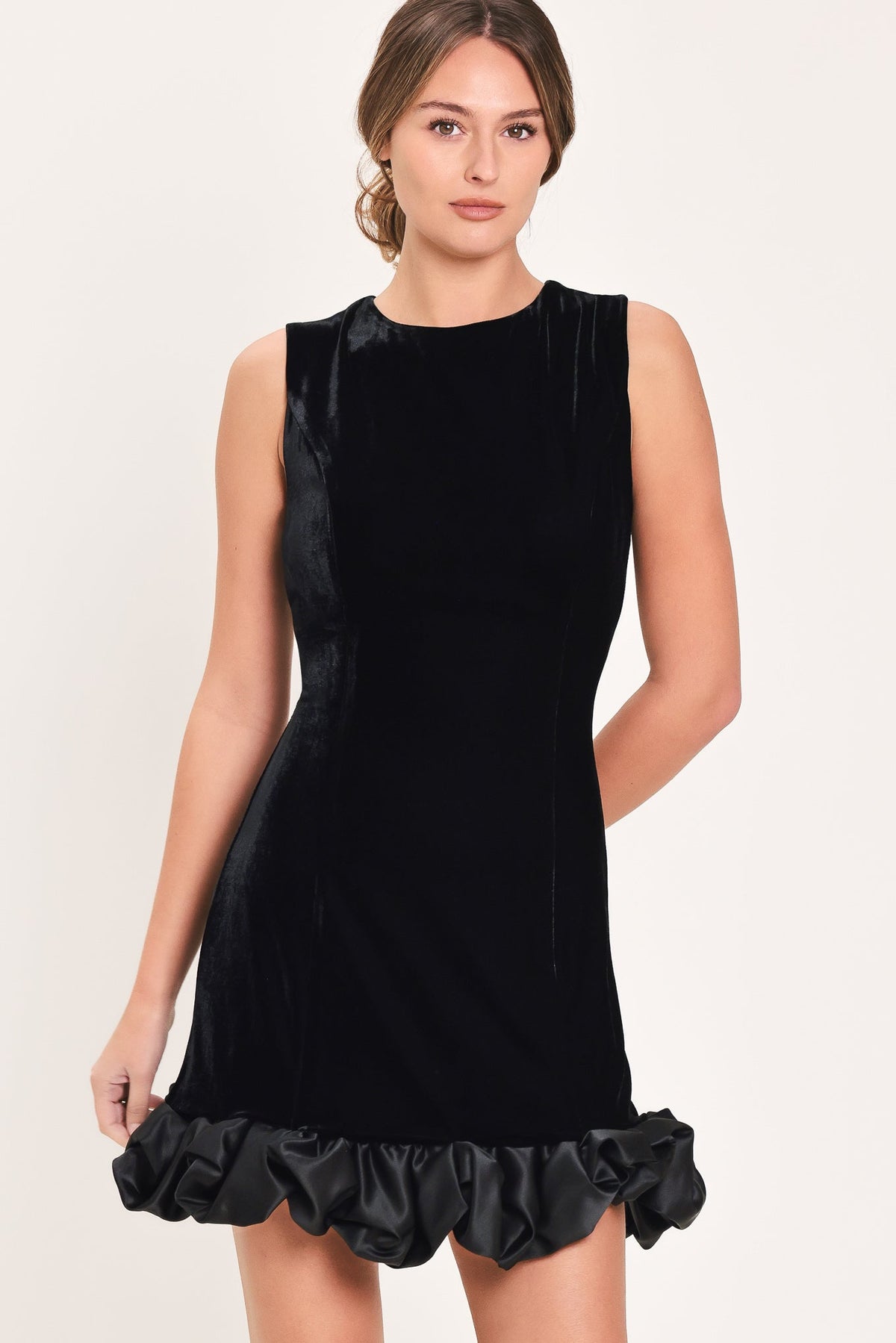 Contrast Bubble Hem Mini Dress in black, detail view