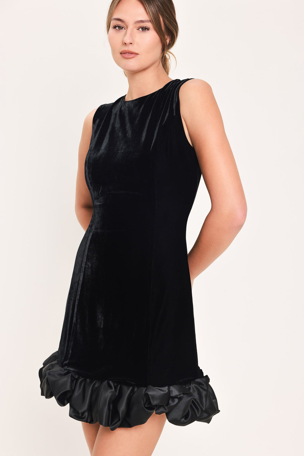 Contrast Bubble Hem Mini Dress in black, side view
