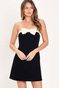 Black velvet strapless mini dress with ivory bow - view 1