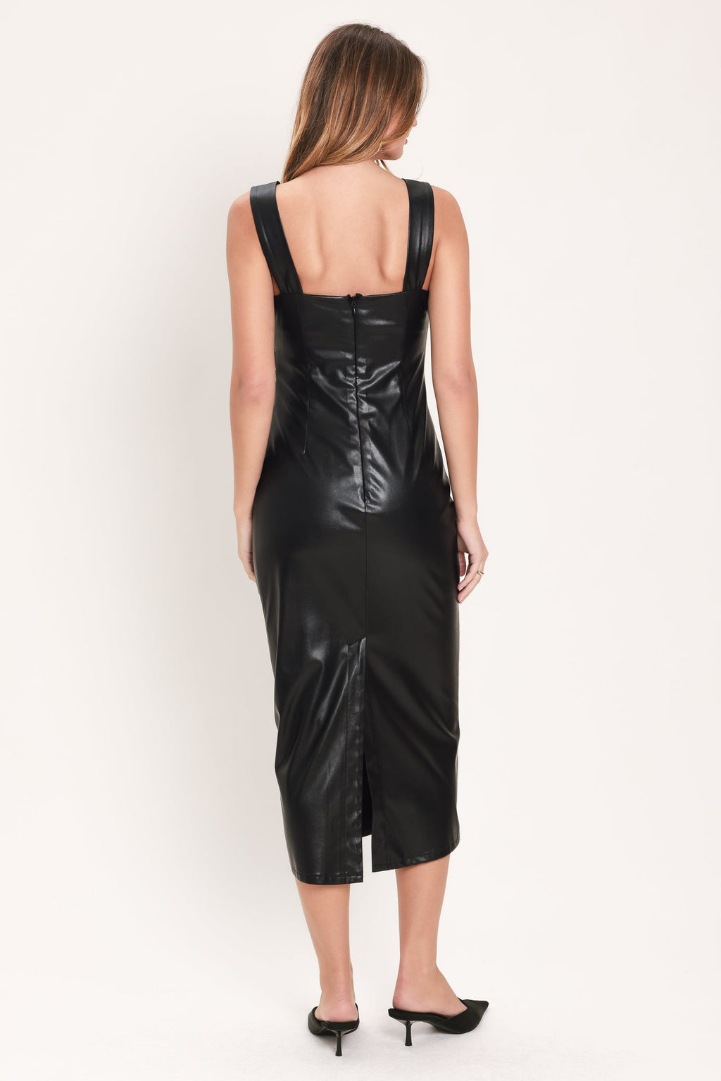 Black faux leather pleated midi dress - view 6