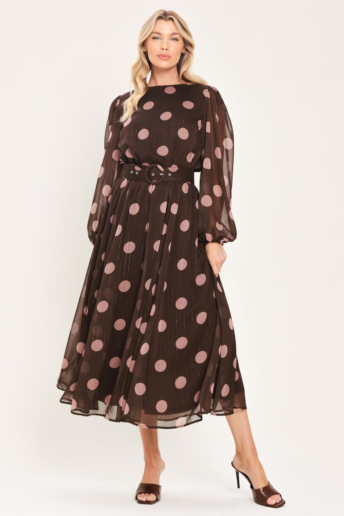 Brown and mauve polka dot belted midi dress - view 1