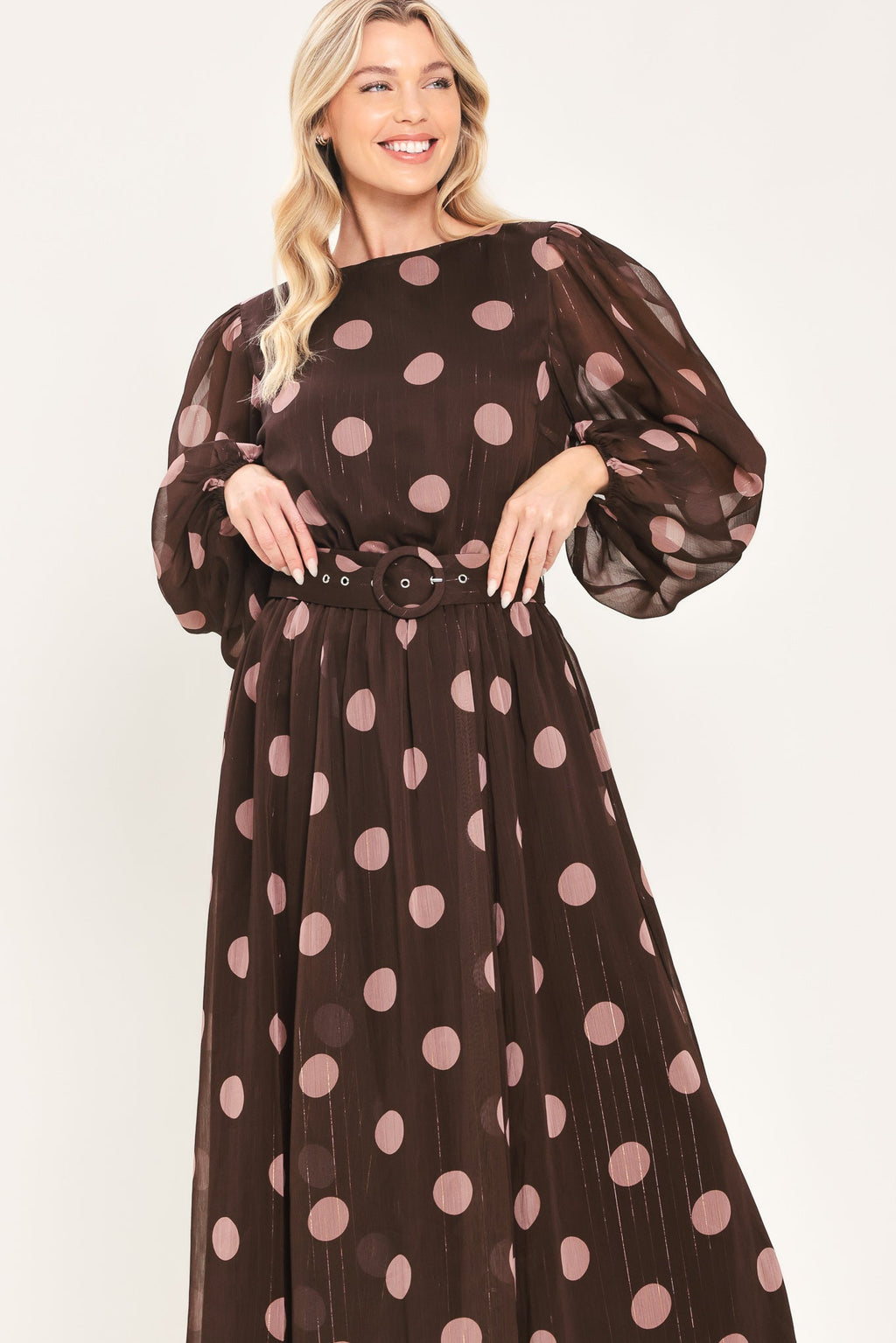 Brown and mauve polka dot belted midi dress - view 2