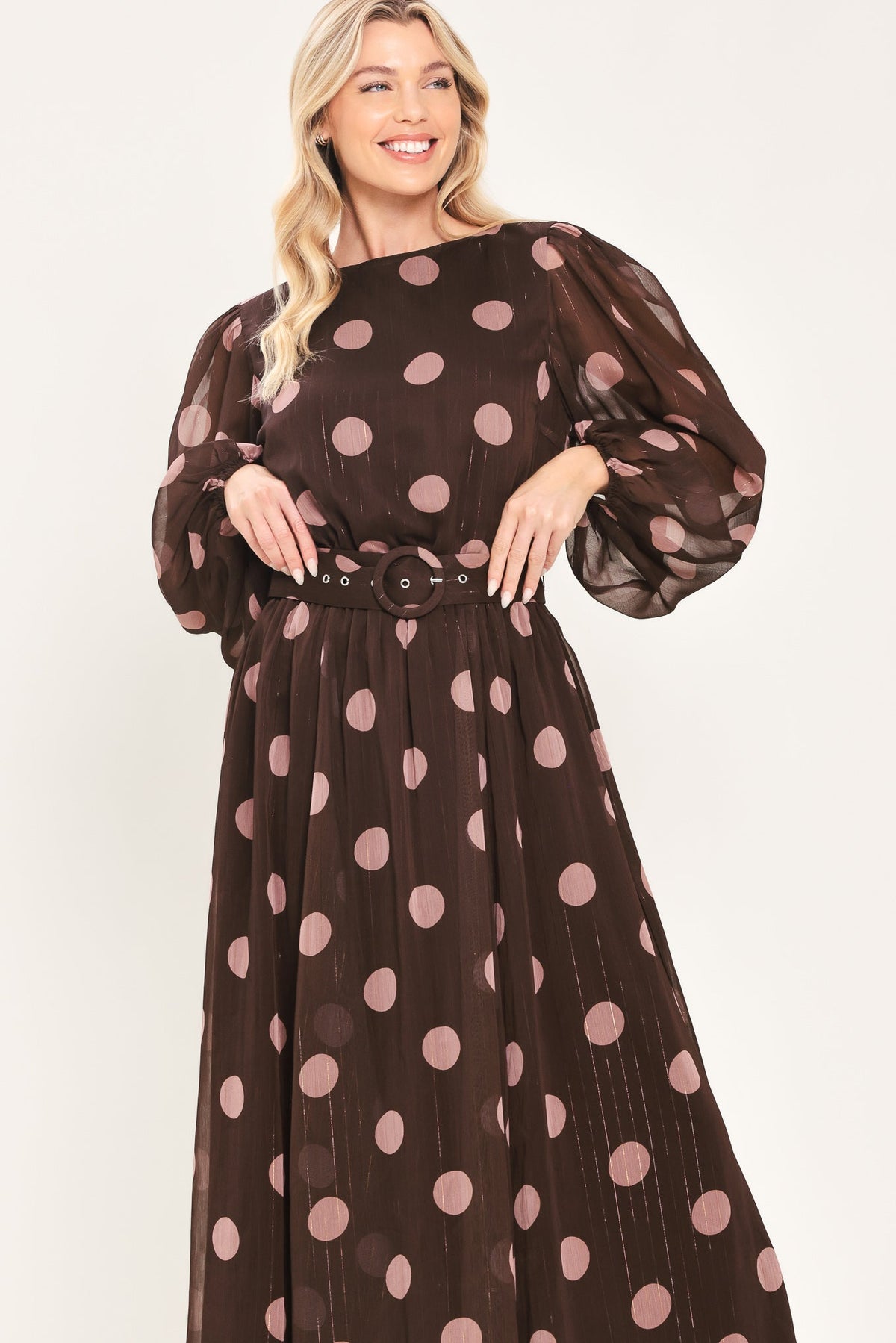 Brown and mauve polka dot belted midi dress - view 2
