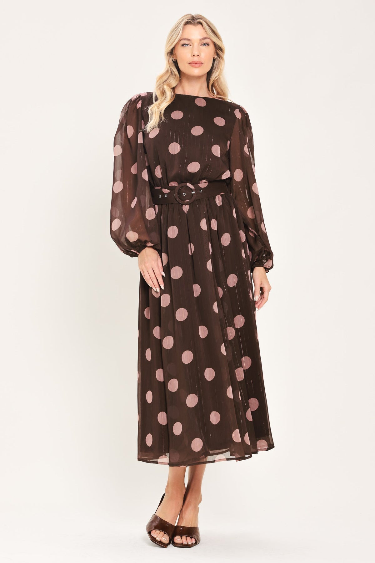 Brown and mauve polka dot belted midi dress - view 3