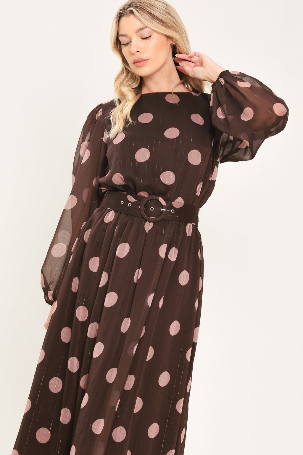 Brown and mauve polka dot belted midi dress - view 6