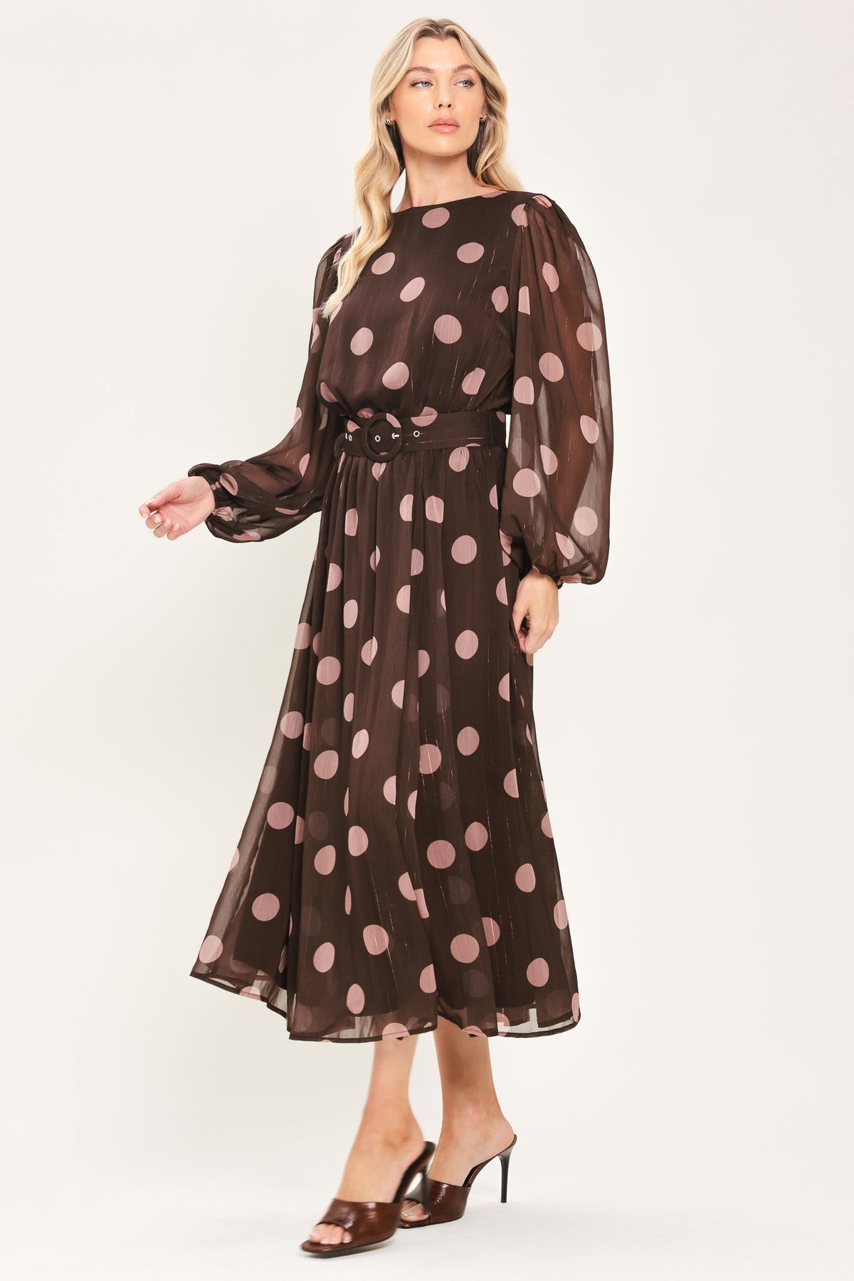 Brown and mauve polka dot belted midi dress - view 5