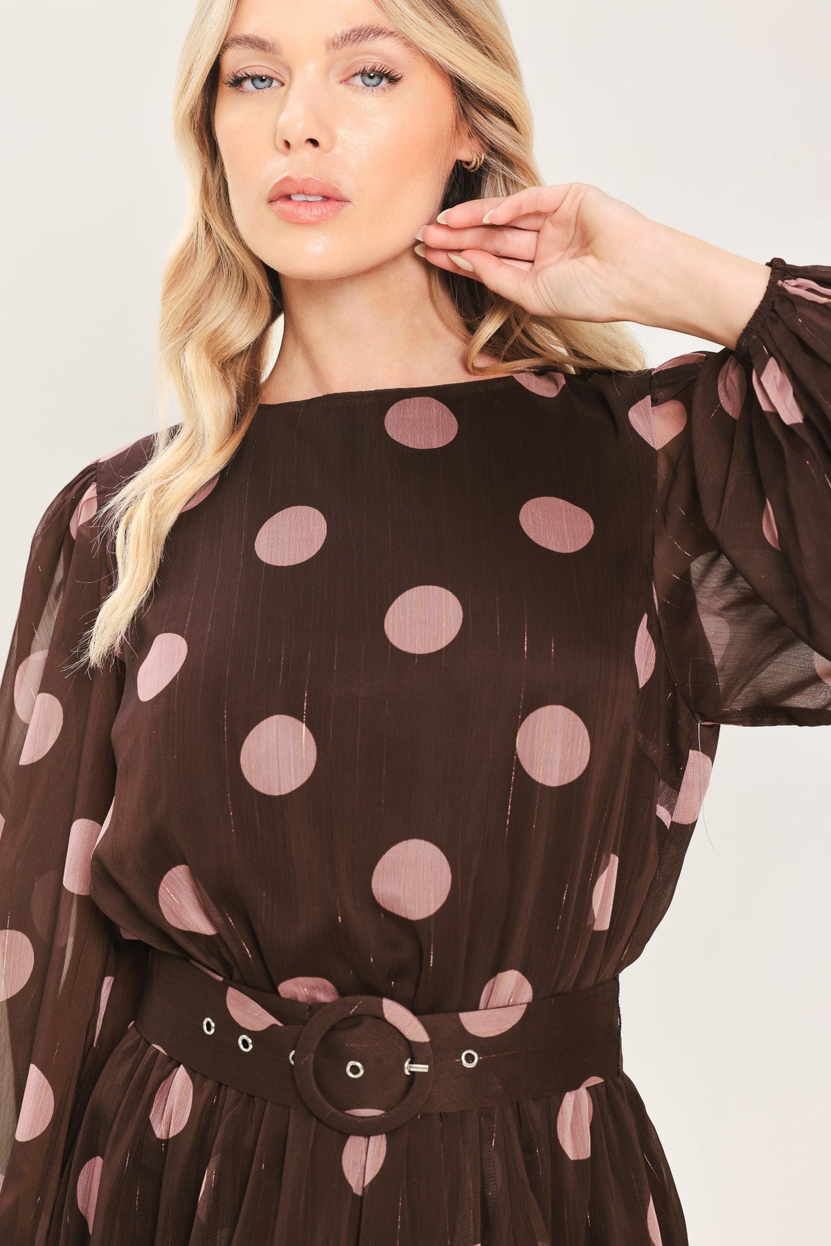 Brown and mauve polka dot belted midi dress - view 4