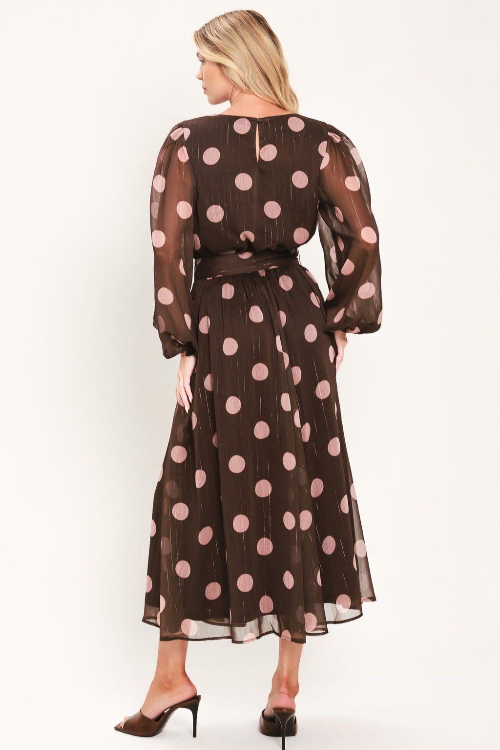 Brown and mauve polka dot belted midi dress - view 7