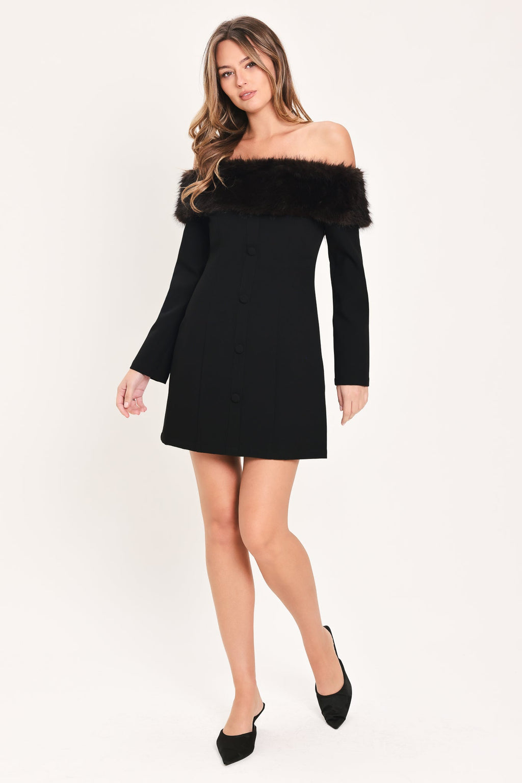 Faux Fur Trim Off-Shoulder Mini Dress in black, detail view