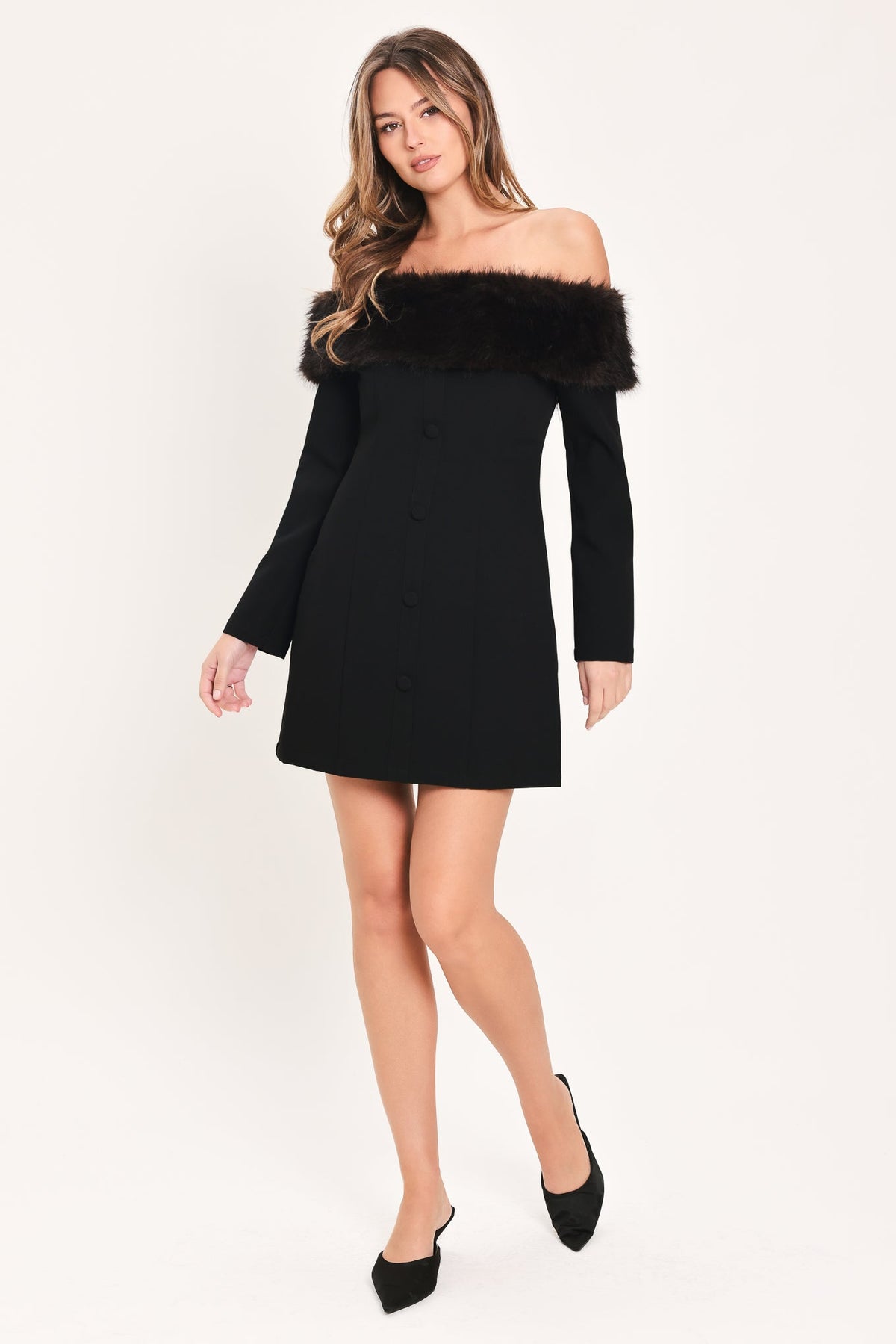 Faux Fur Trim Off-Shoulder Mini Dress in black, detail view